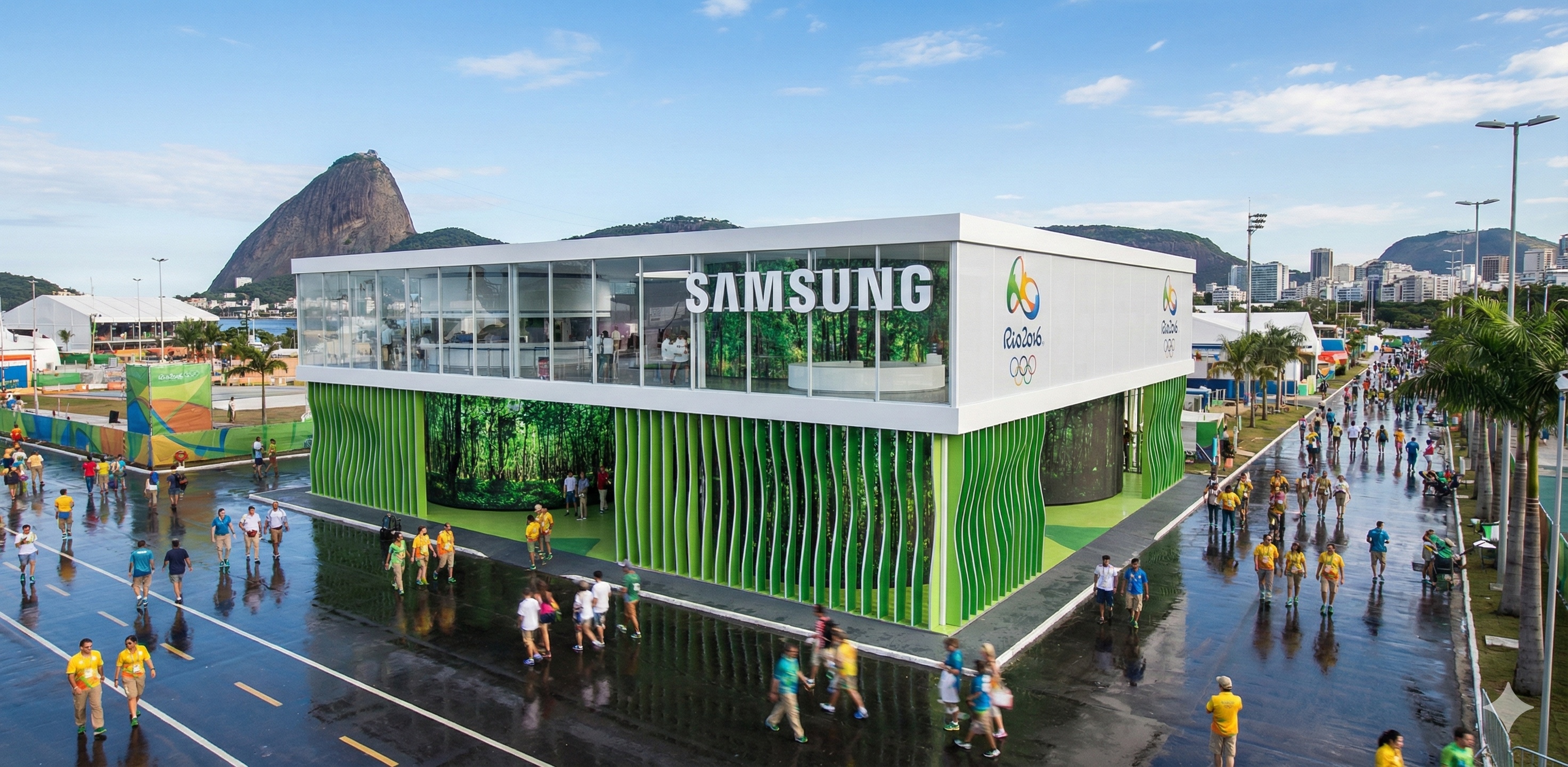 Aerial view of the Samsung Olympic Park pavilion with green louvered facade, rooftop terrace, and Sugarloaf Mountain in the distance