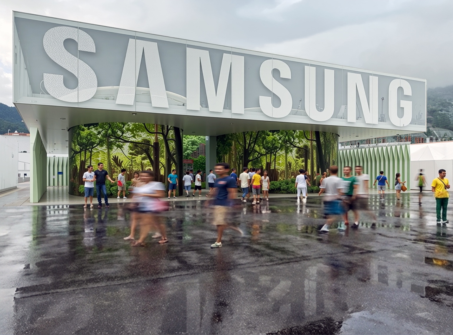 Visitors entering the Samsung pavilion beneath a bold canopy with tropical forest imagery and Sugarloaf Mountain visible beyond