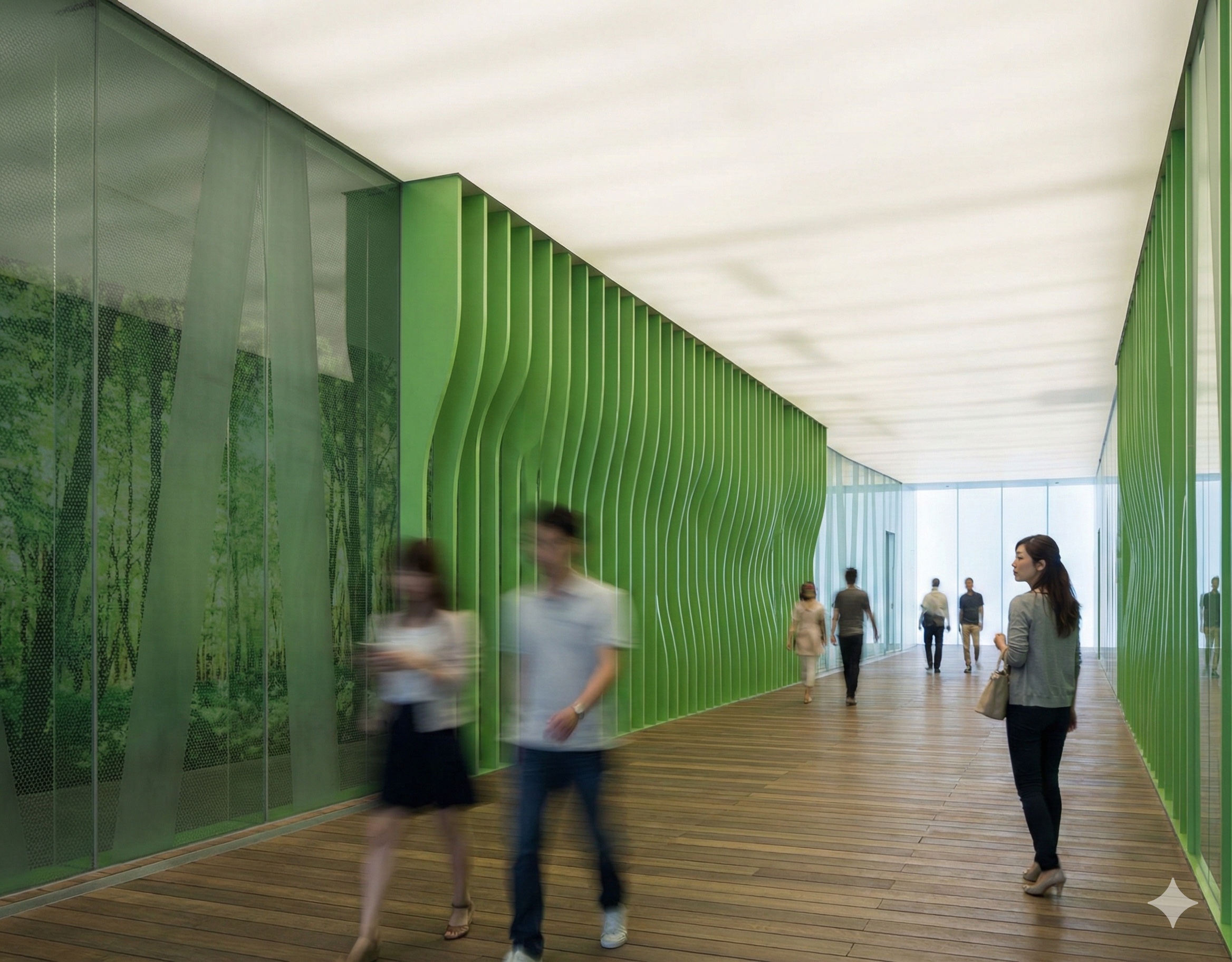 Interior corridor with flowing green undulating wall panels and translucent nature murals on the opposite glass wall