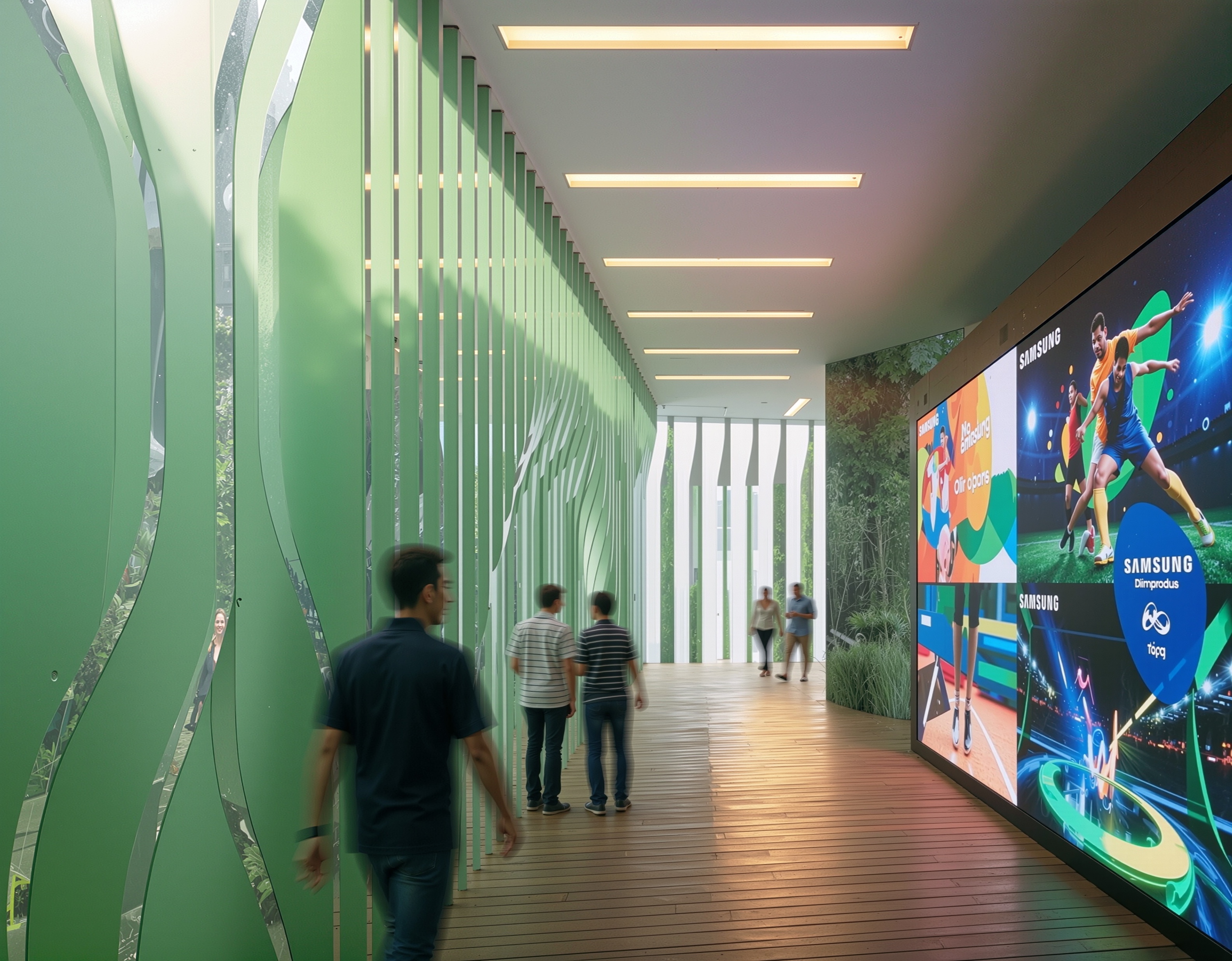 Visitors walking through a corridor with green vertical fins on one side and large Samsung media screens on the other