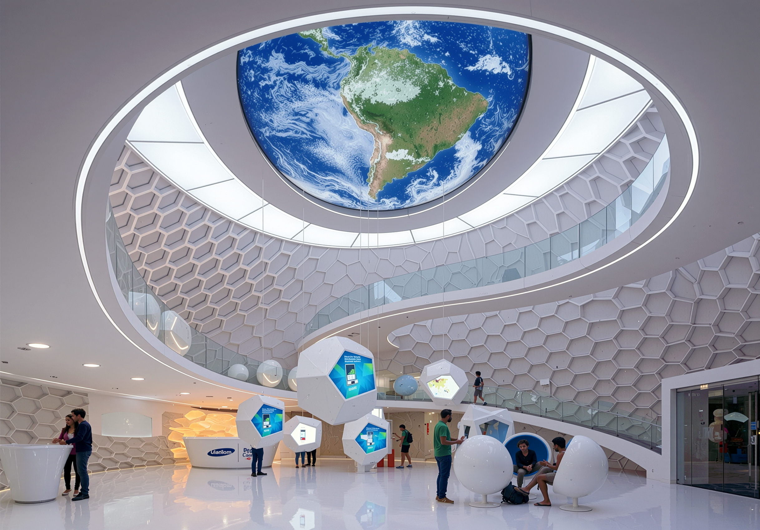 Daytime exterior of the Samsung glass-cube pavilion with colorful cylindrical media towers and visitors along a palm-lined boulevard