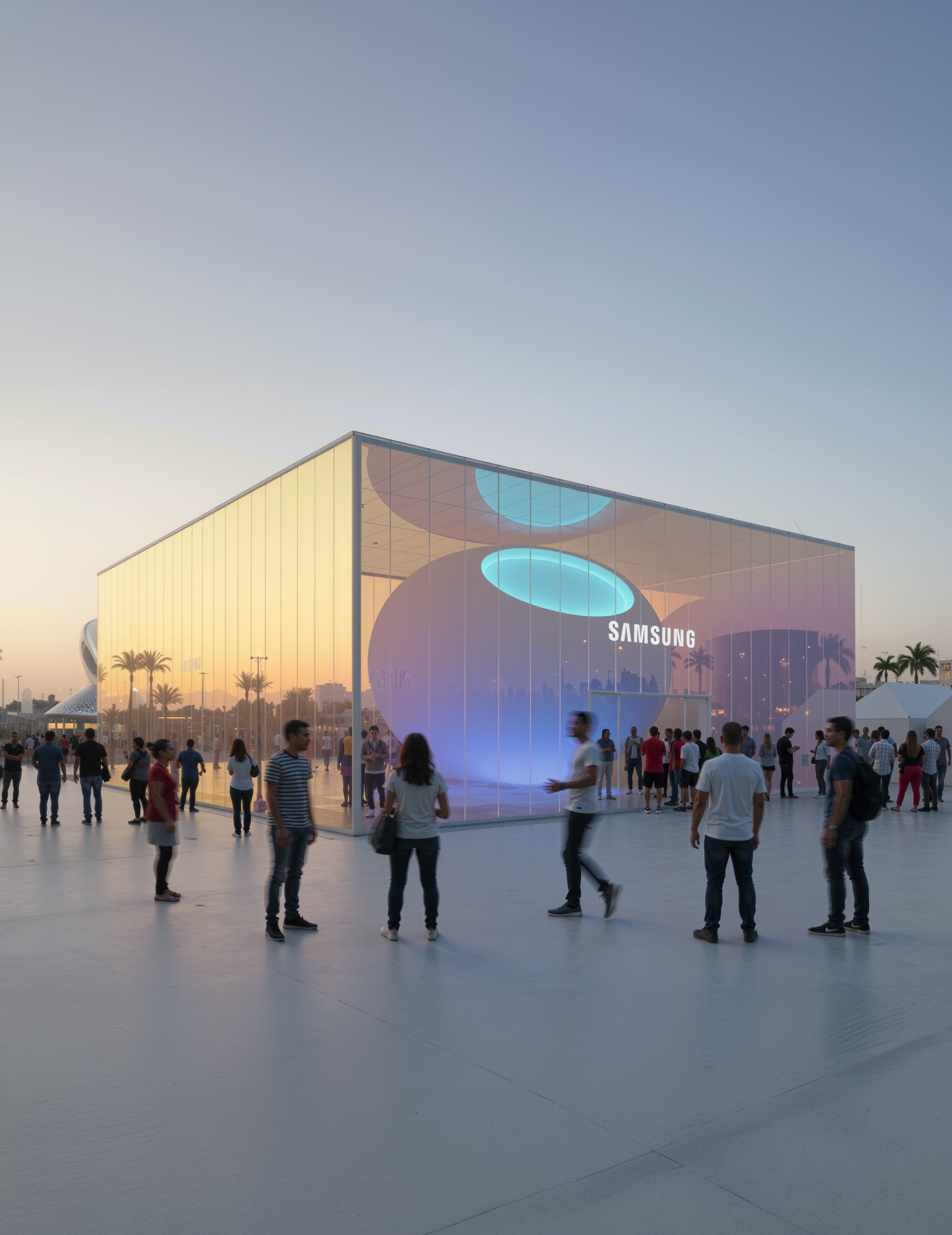 Interior atrium with a large overhead globe displaying Earth, hexagonal patterned walls, and interactive display pods