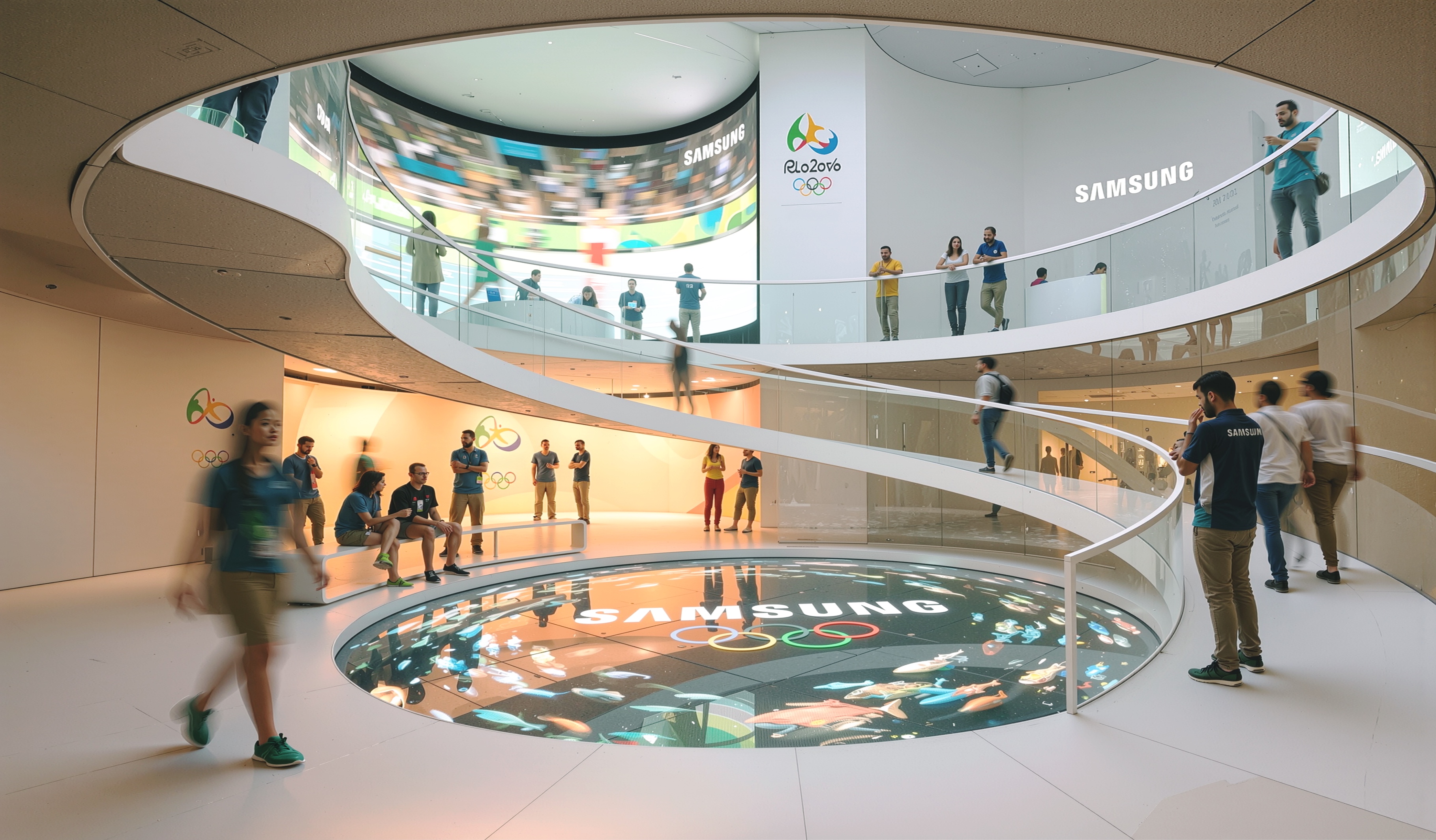 Multi-level spiral interior with sweeping ramp, Samsung branding, and an illuminated digital floor below