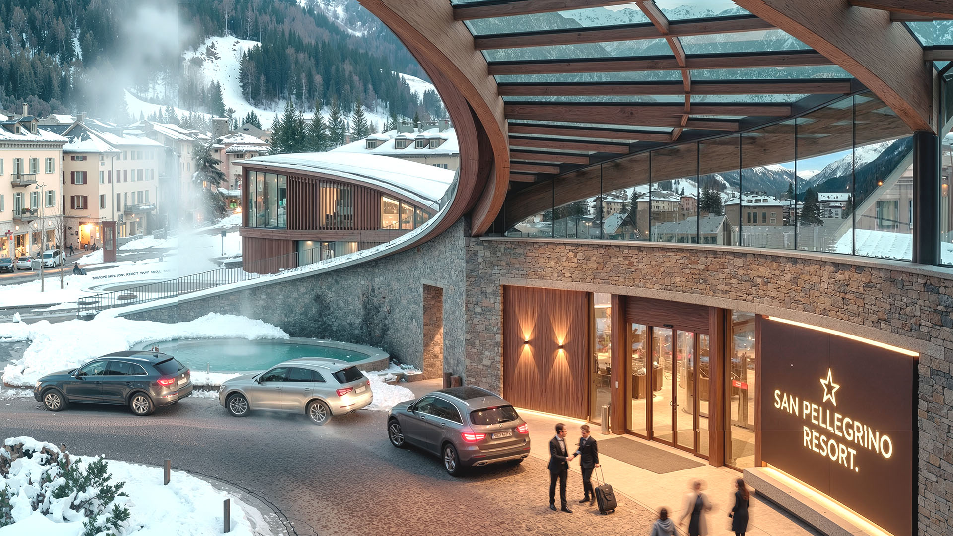 San Pellegrino Terme resort with curved roofscape set against snow-covered Dolomite peaks
