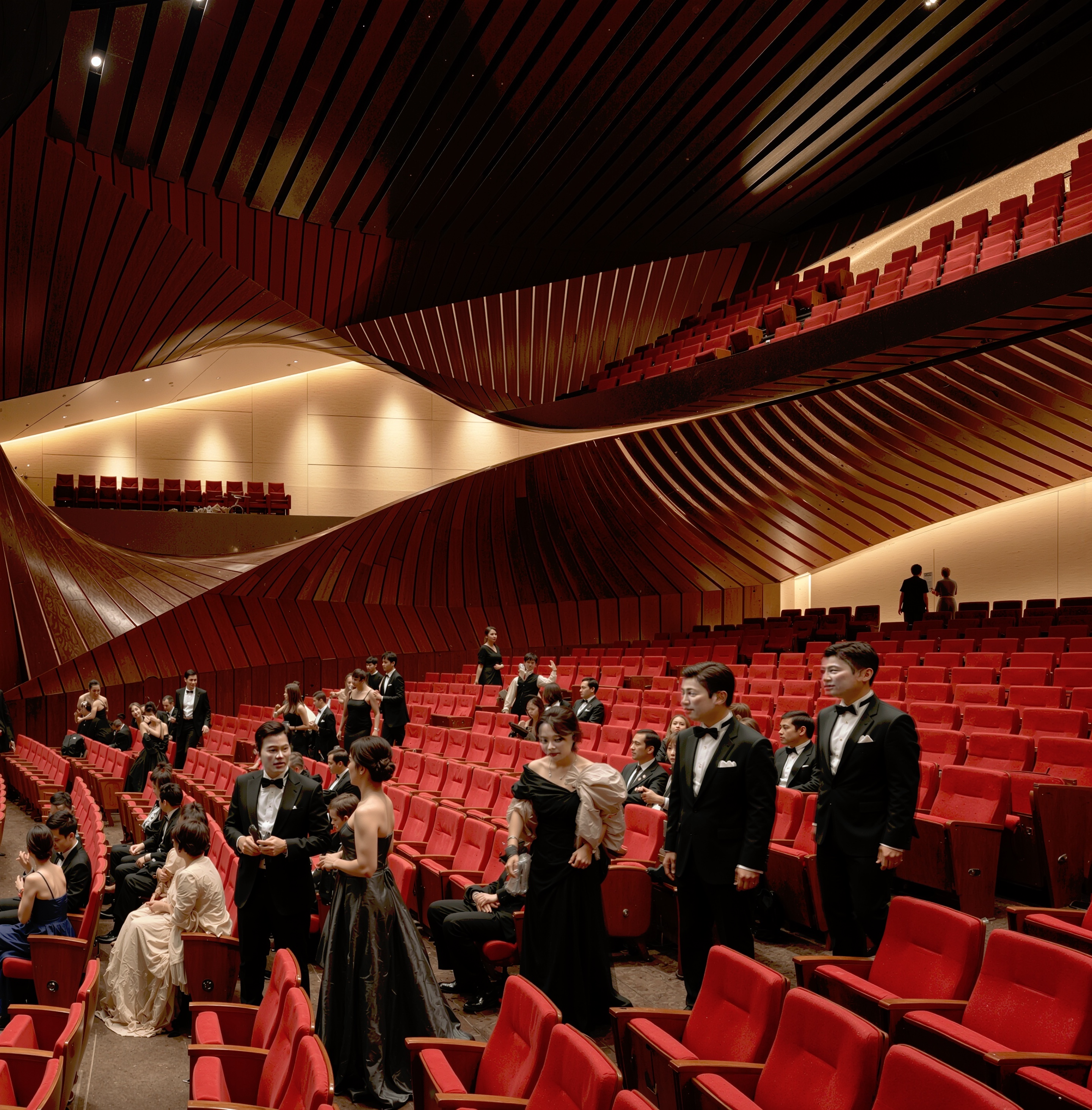 Auditorium interior with undulating timber-clad walls and red seating