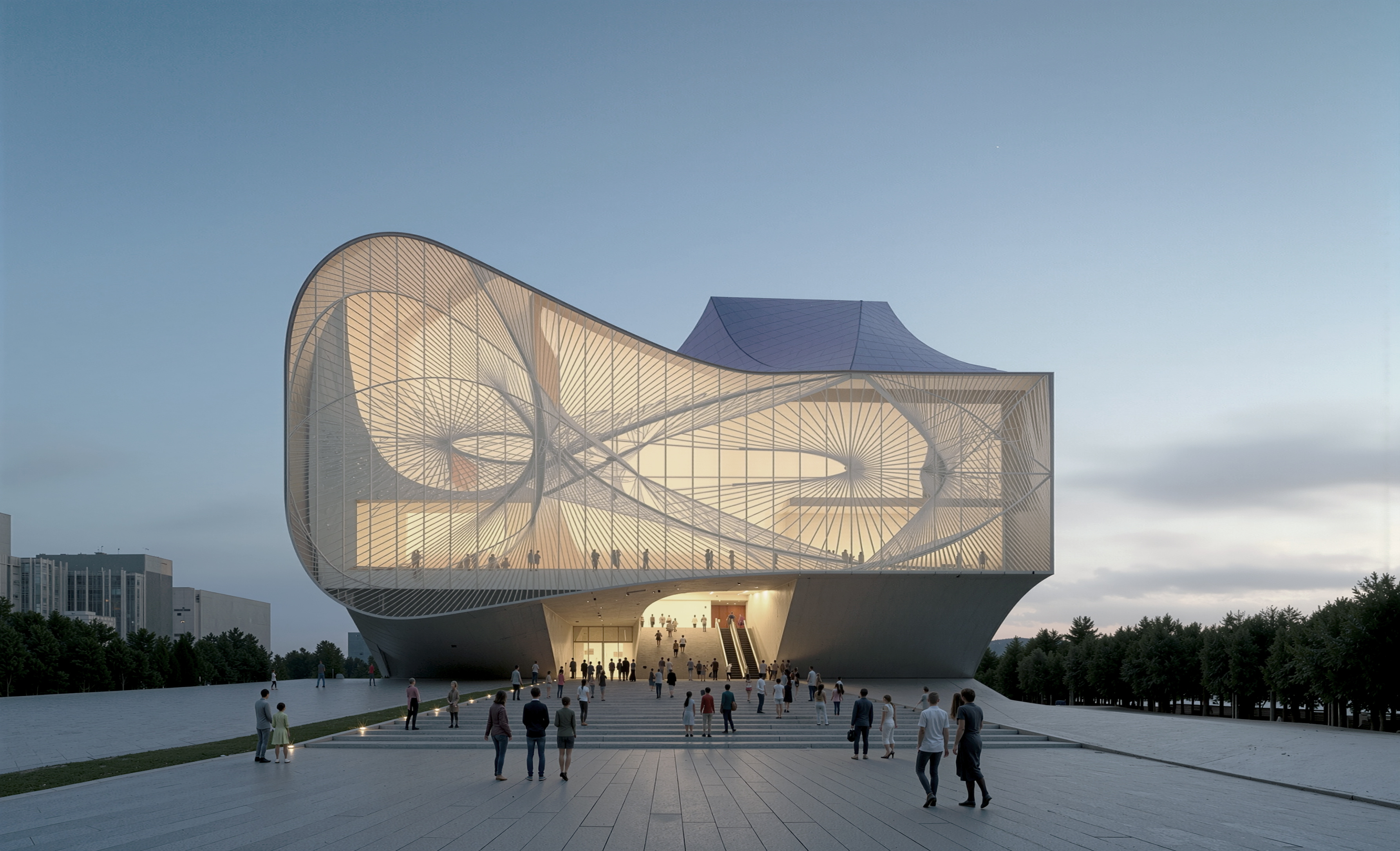 Front approach to the Sejong Center at twilight with illuminated sculptural glass facade and visitors on the plaza