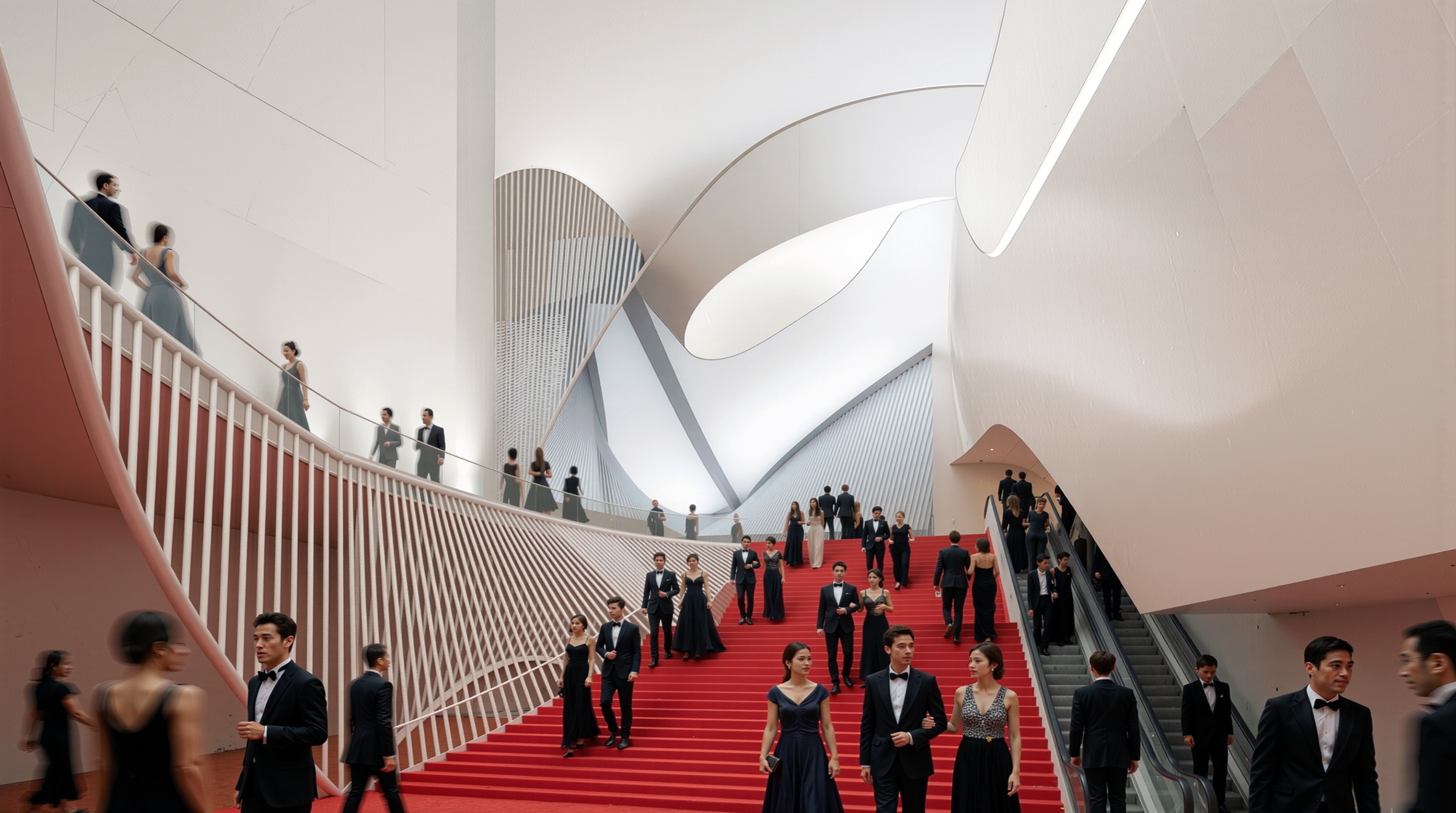 Public foyer of the Sejong Center with sculptural ceiling, full-height glazing, and visitors moving between performance venues