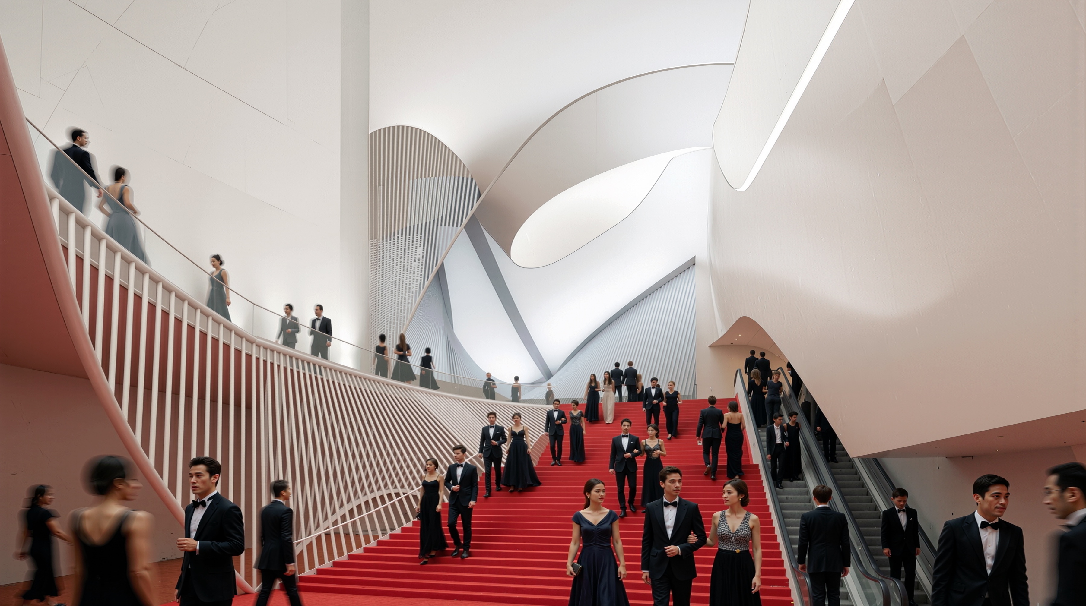 Grand interior staircase with sweeping red carpet and sculptural white walls at the Sejong Center for Performing Arts