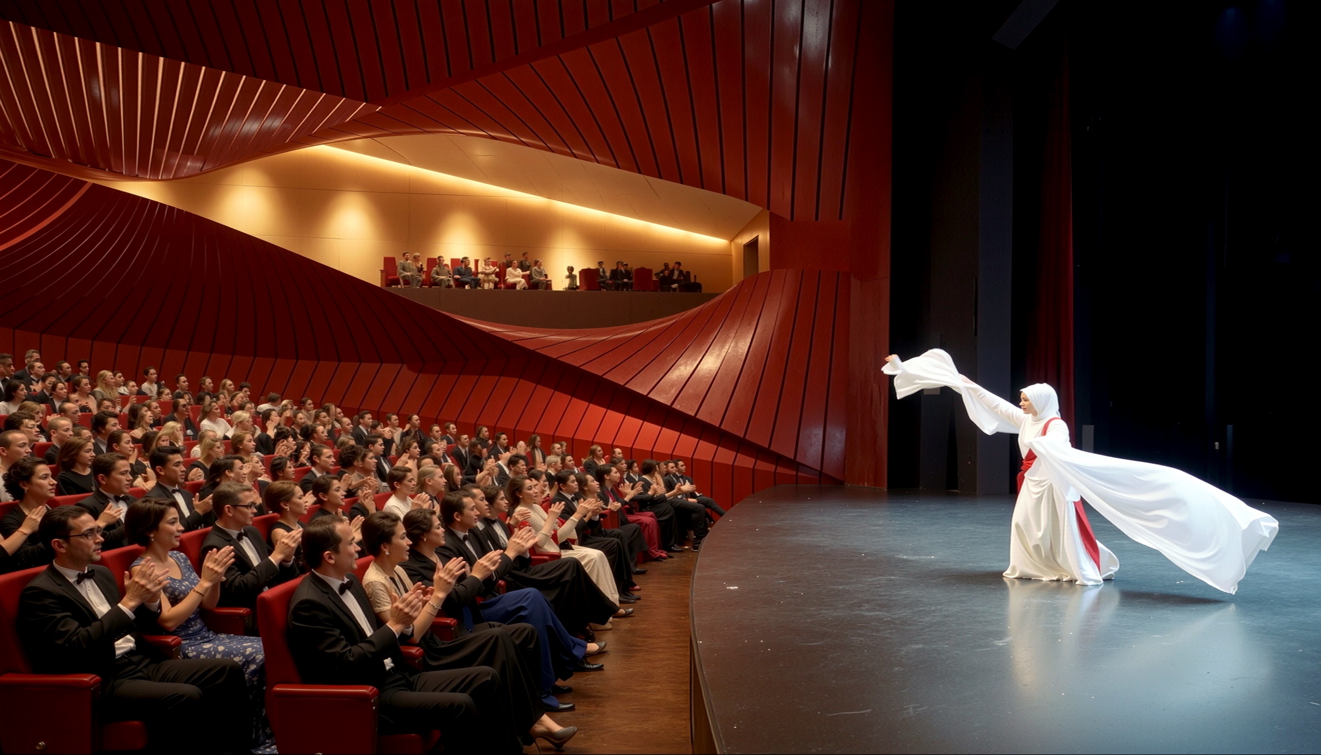Performance hall view from audience showing a dancer on stage with sweeping red interior walls