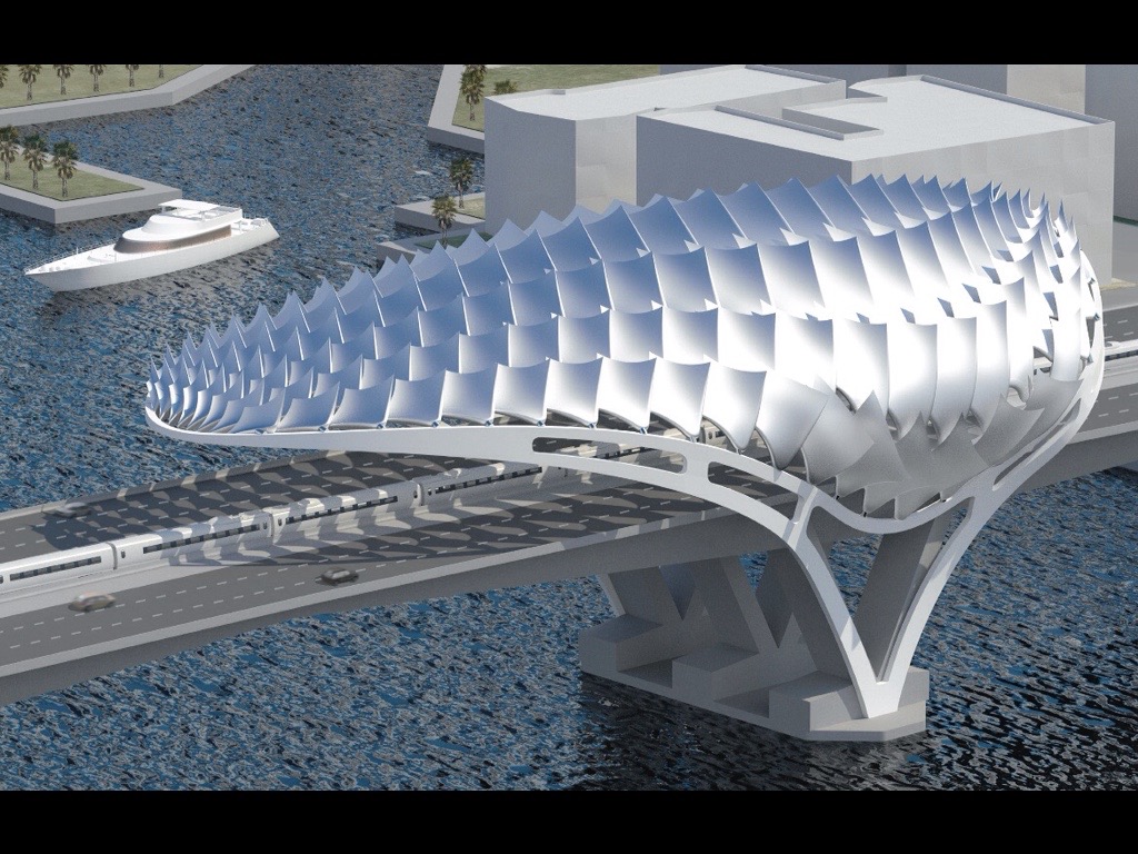 Sheikh Khalifa Bridge — aerial render of the falcon-inspired bridge form spanning the channel with vehicular roadway beneath the sculptural canopy