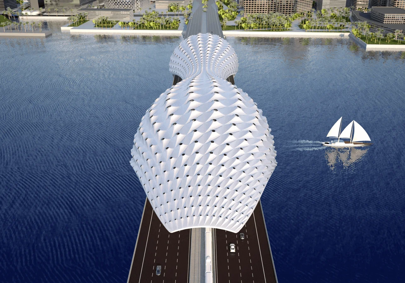 Sheikh Khalifa Bridge — top-down aerial view showing the diamond-patterned shell form and roadway passing through the bridge monument