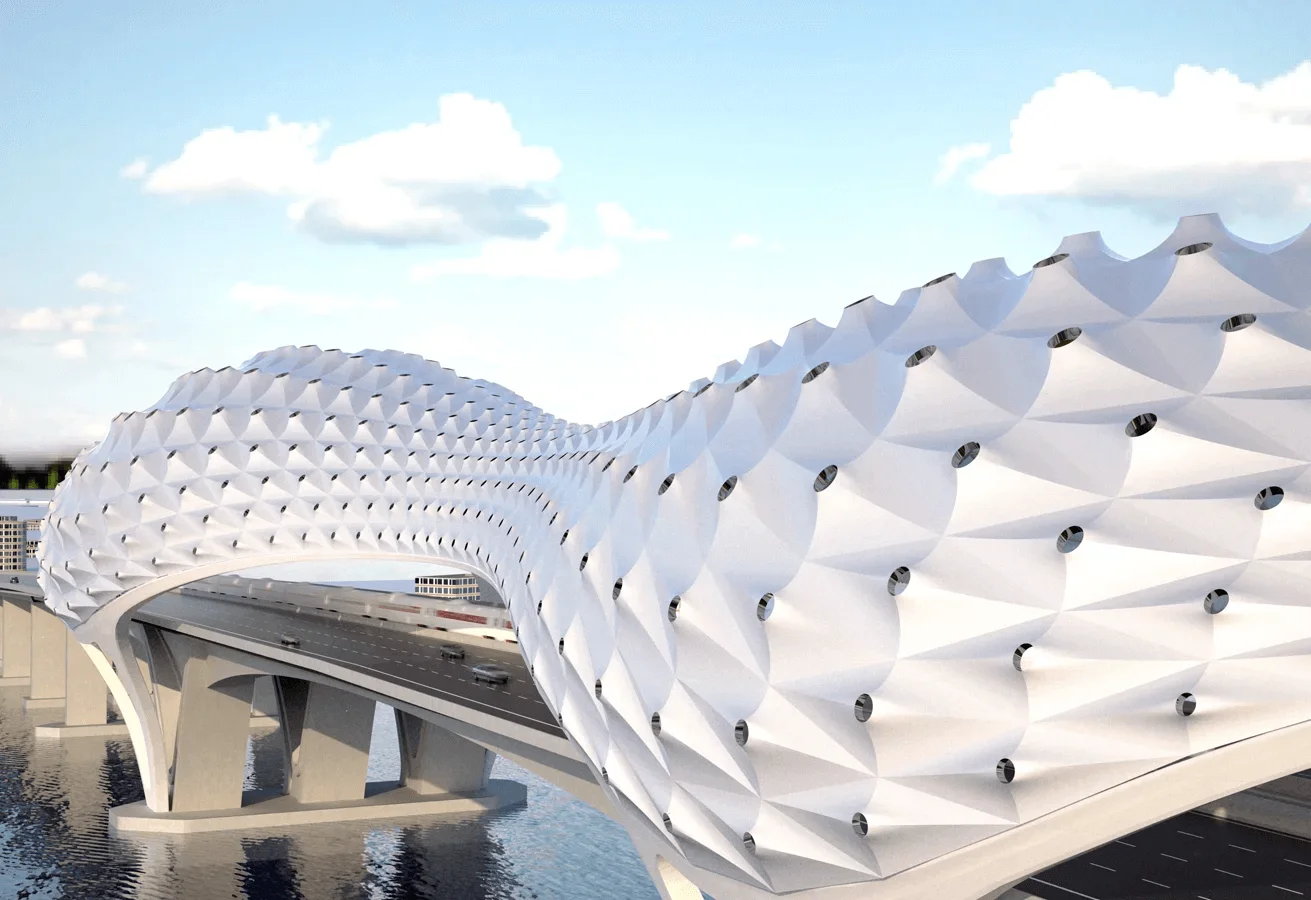 Sheikh Khalifa Bridge — close-up of the diamond stainless steel mesh panels expanding and contracting across the shell surface geometry
