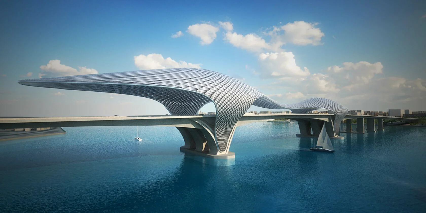 Sheikh Khalifa Bridge — panoramic render showing the diamond-mesh clad shell spanning the waterway with sculpted piers and approaching roadway
