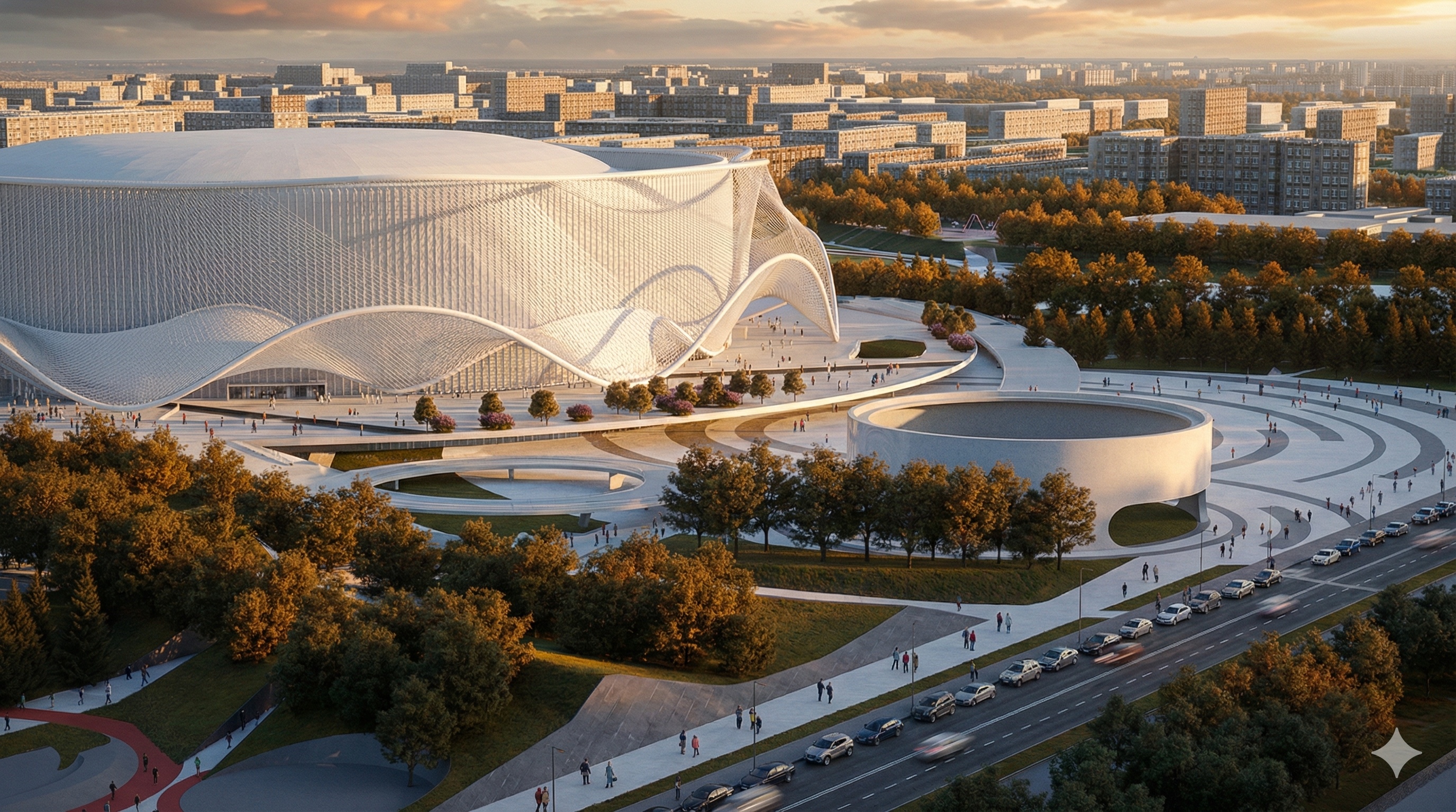 Aerial autumn view of the arena and surrounding landscape with golden foliage and dramatic sky