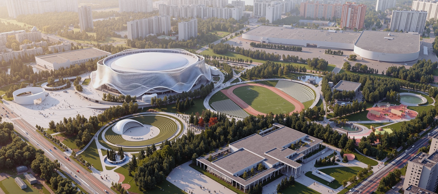 Aerial view of the full sports complex masterplan with arena, outdoor stadium, training facilities, and surrounding park