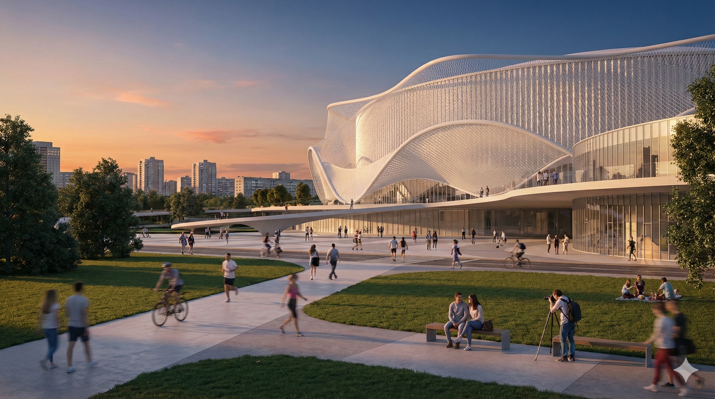 Sunset view of the arena from the surrounding park with visitors walking and cycling along landscaped paths