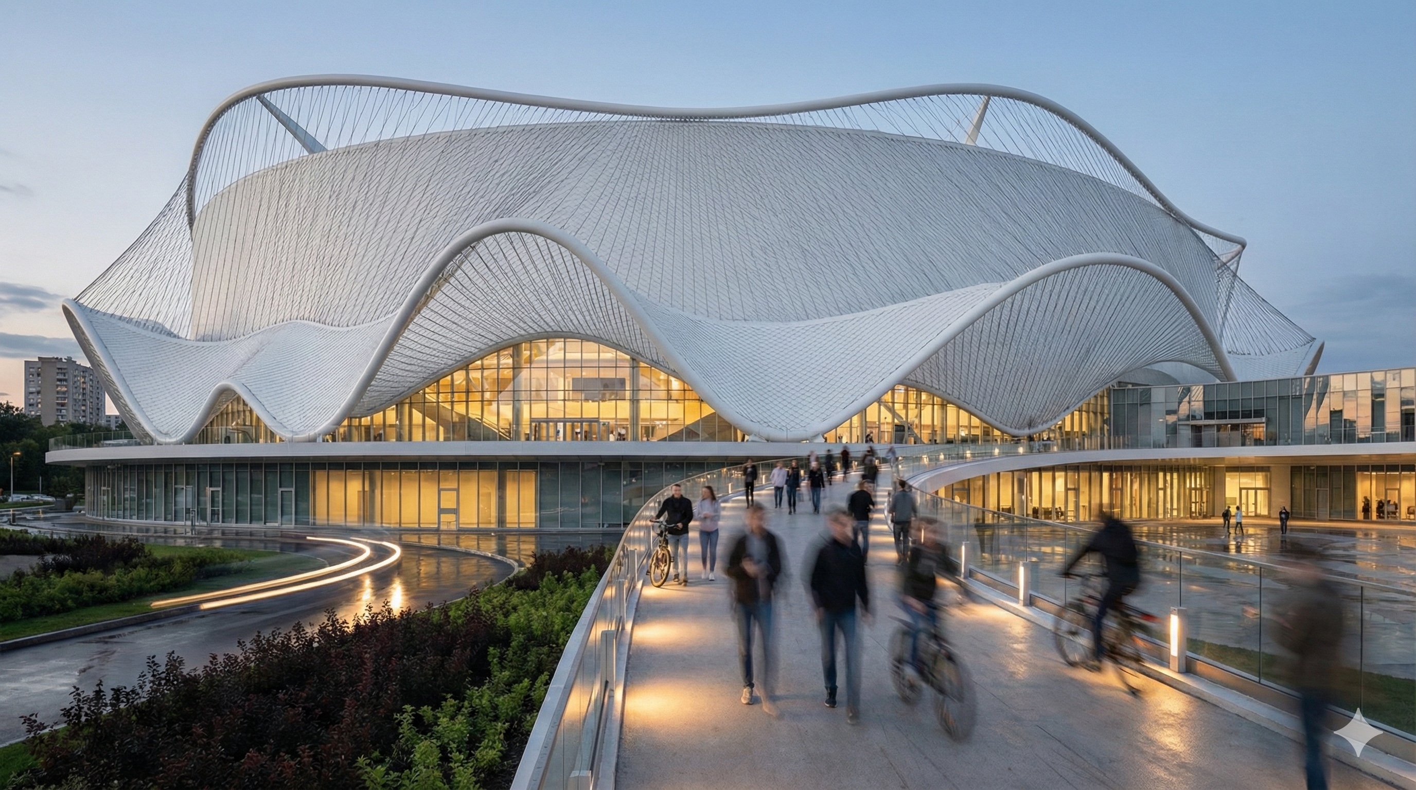 Twilight view of the arena exterior with illuminated undulating facade and elevated pedestrian bridge