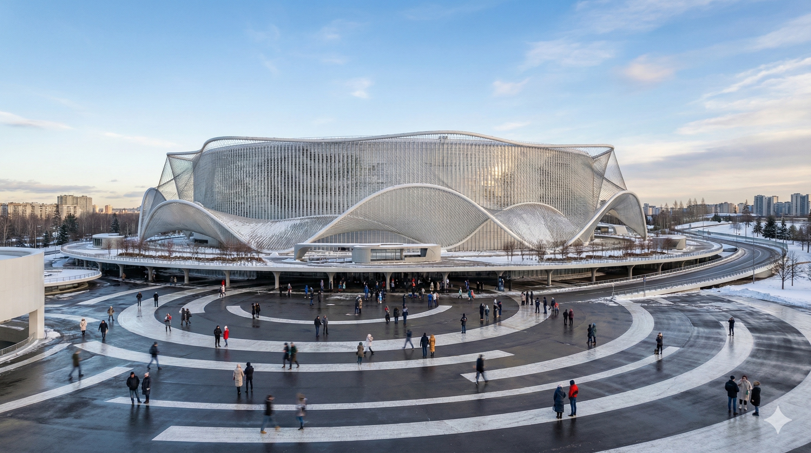 Winter view of the arena from the circular plaza with visitors and snow-covered grounds under dramatic skies