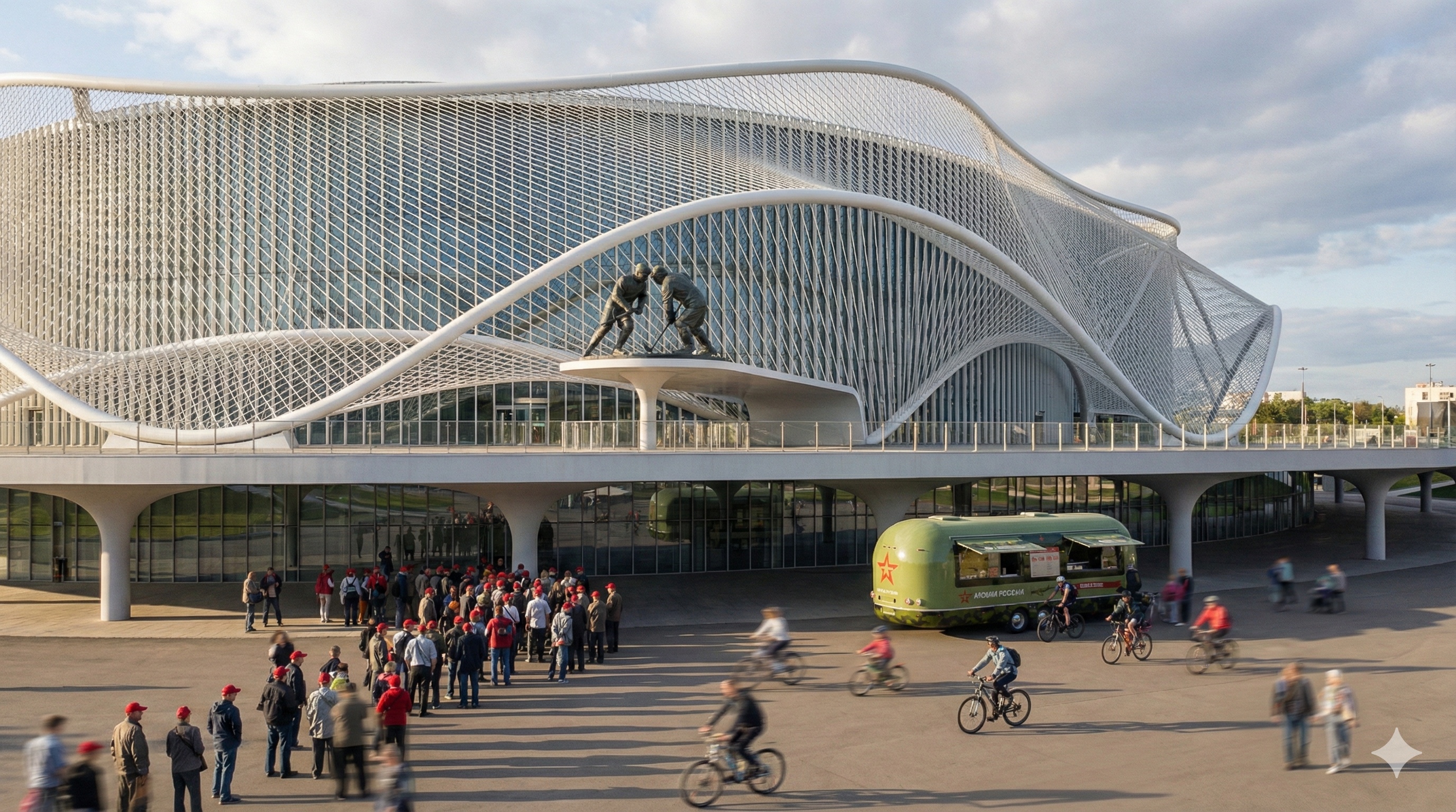 Street-level view of the arena facade with tensile cable canopy, hockey player statues, and visitors