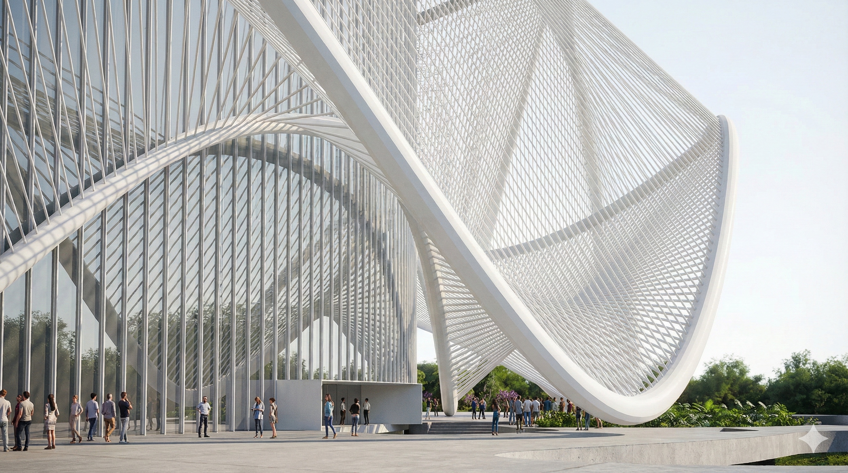 Close-up detail of the tensile cable structure facade showing the overlapping geometric patterns