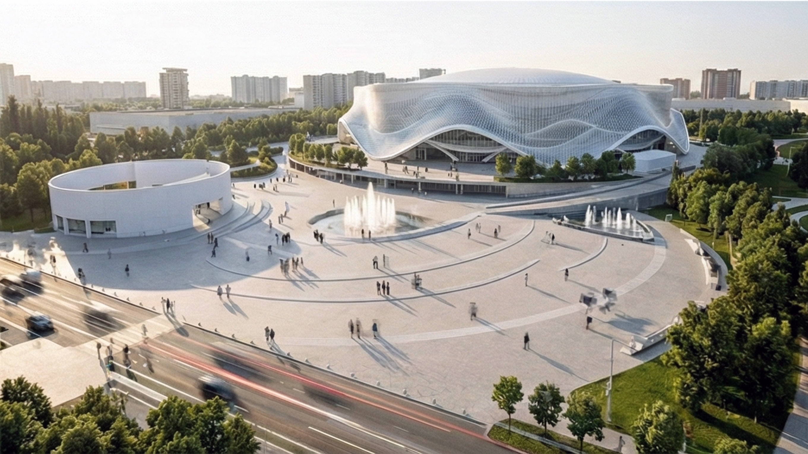 Aerial view of SKA Arena with sweeping tensile cable facade, circular plaza, and fountains