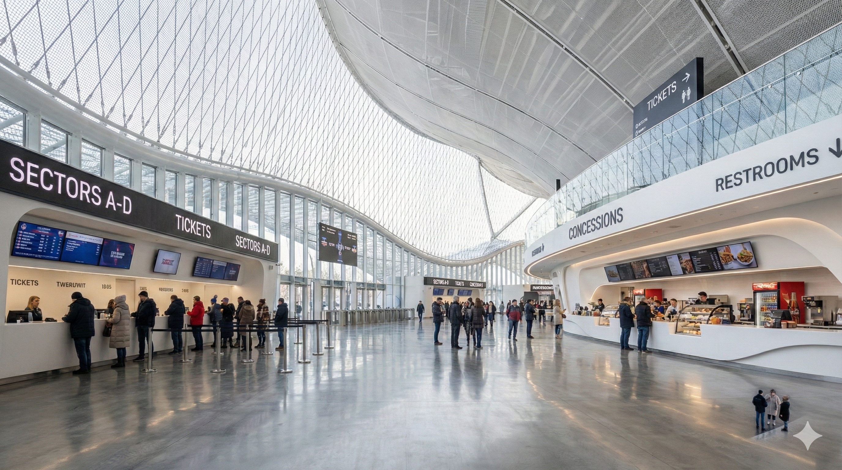 Spacious interior concourse with ticket counters, concessions, and the tensile structure visible through the glazed envelope