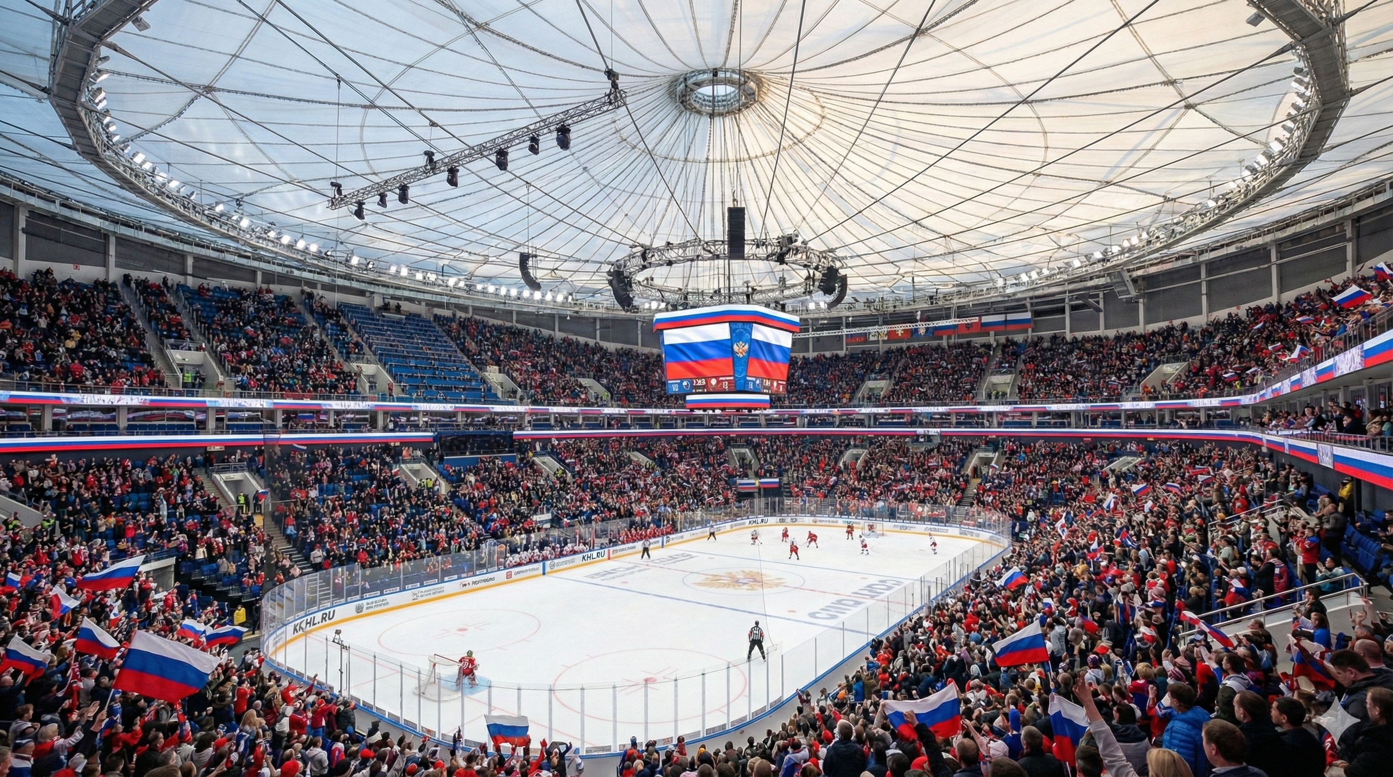 Interior view of the hockey arena bowl during a game with packed crowd and central scoreboard
