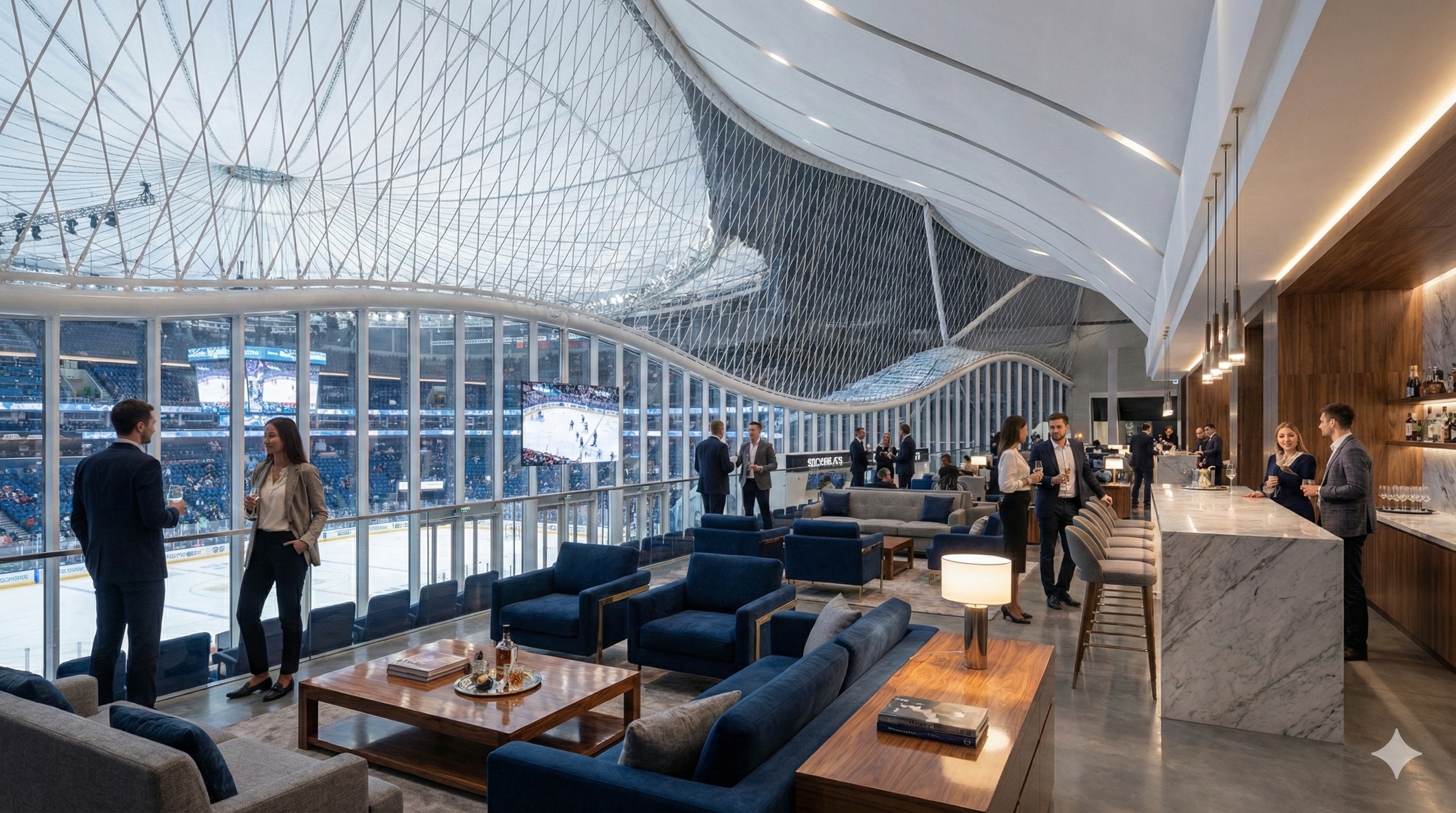 Premium VIP lounge with elegant furnishings overlooking the ice rink through floor-to-ceiling glass