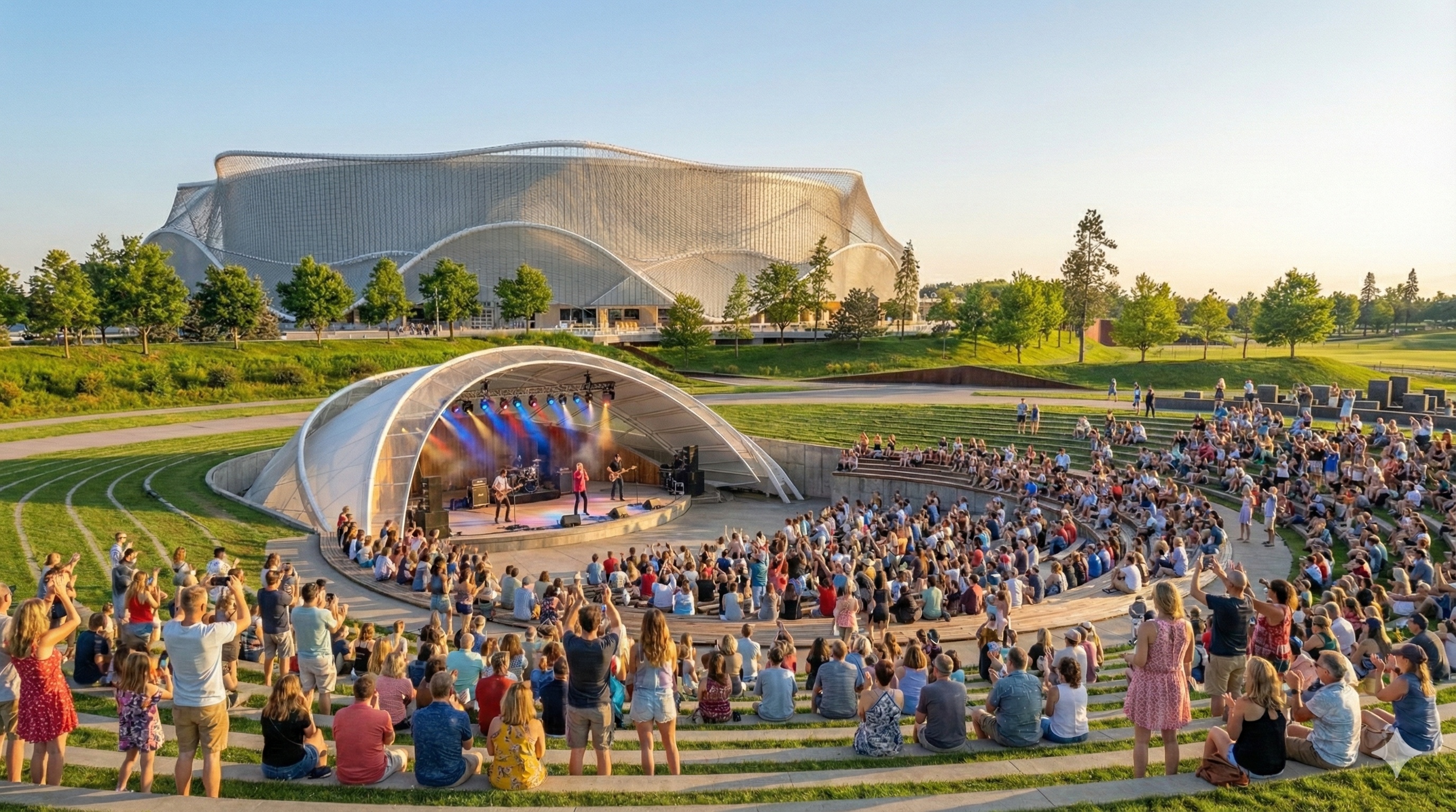 Outdoor amphitheatre hosting a live concert with the arena rising in the background during golden hour
