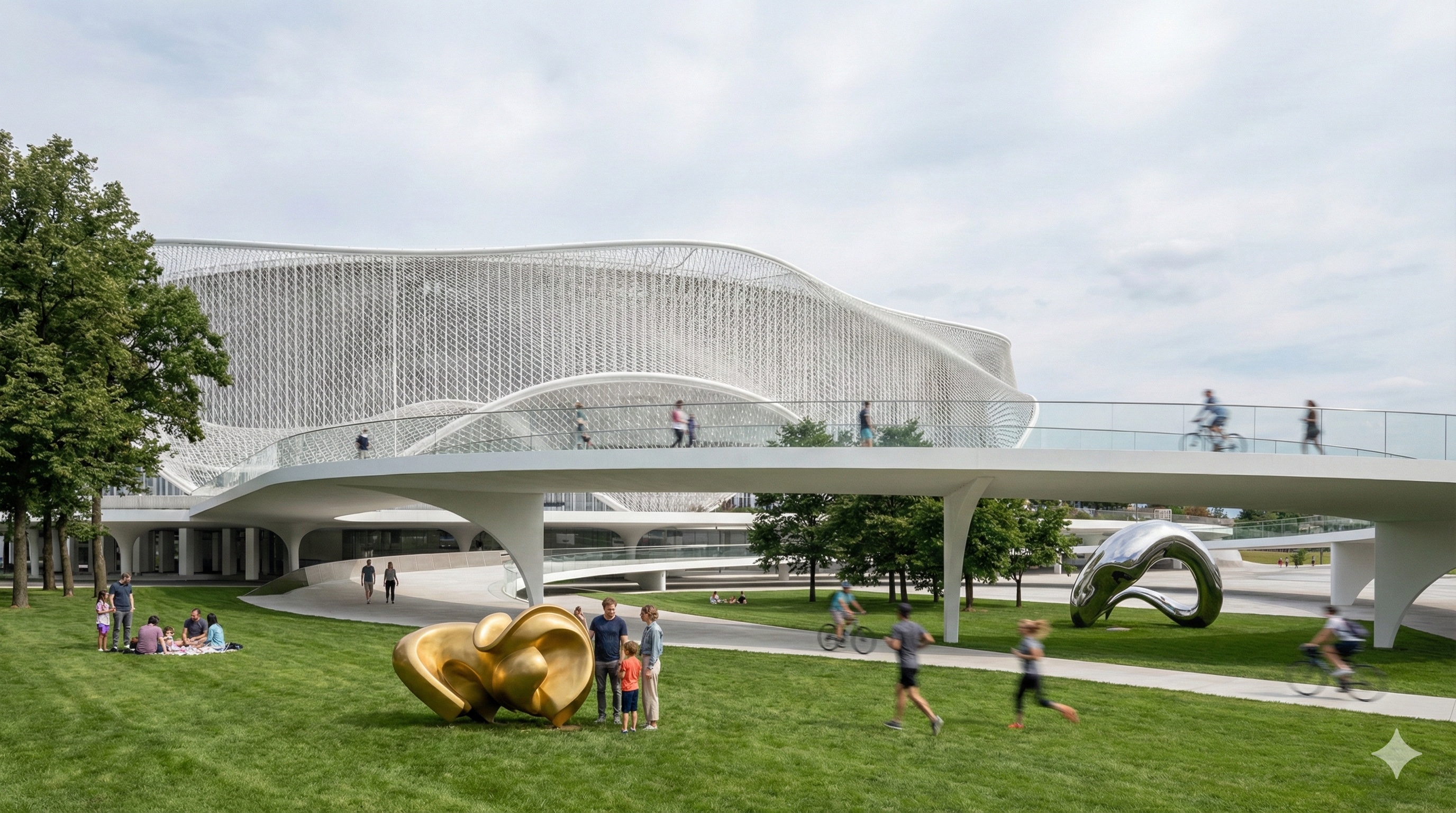Park landscape with public art sculptures, pedestrian bridge, and the arena canopy visible beyond the trees