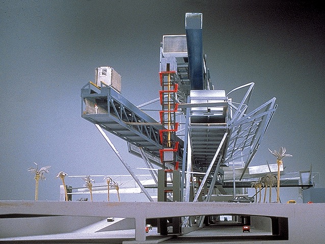 Steel Cloud model — detail view of elevated promenade and vertical tower element