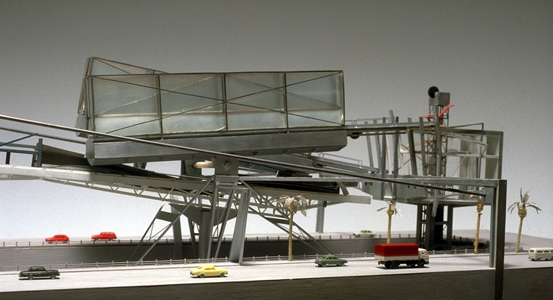 Steel Cloud model — wide view of the structure spanning the Hollywood Freeway