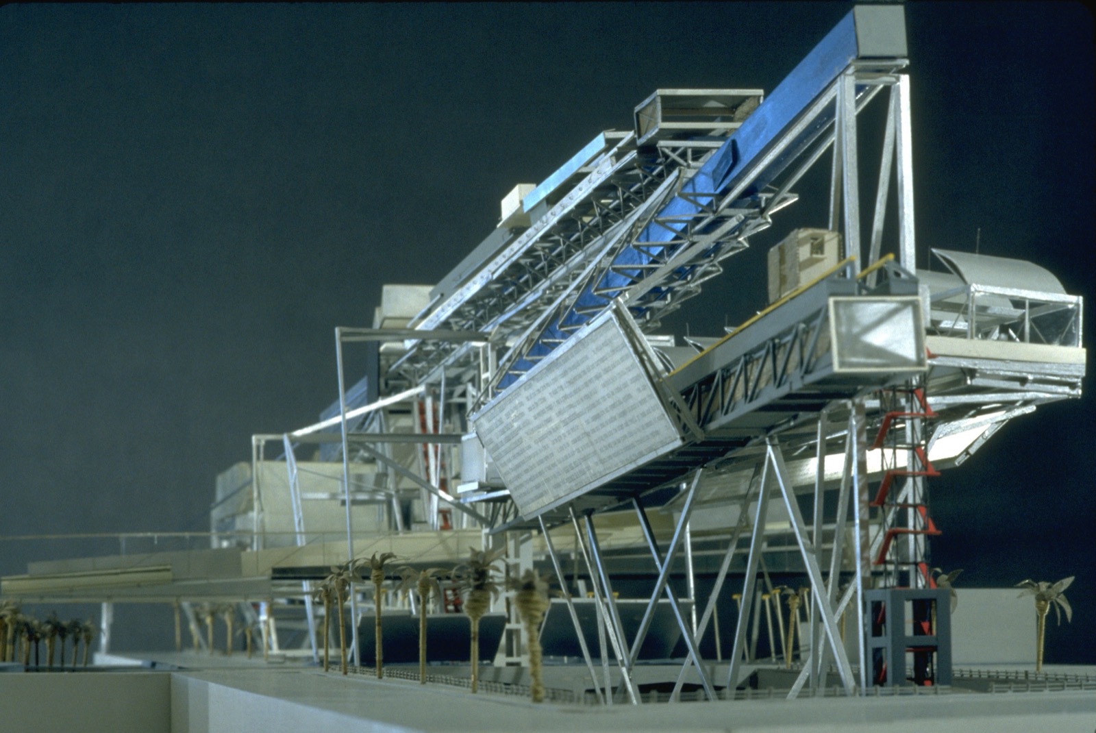 Steel Cloud competition model — suspended structure above the Hollywood Freeway