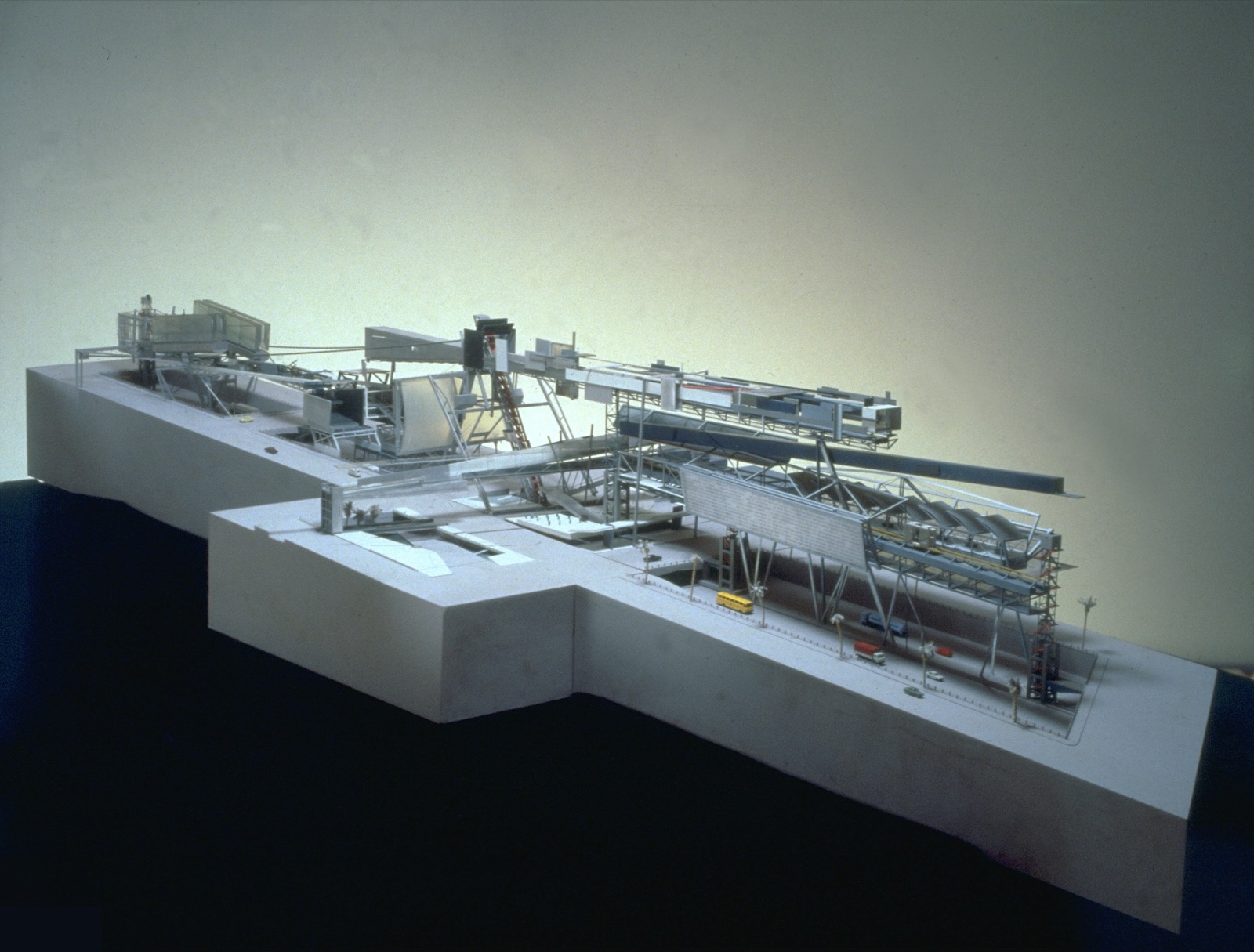 Steel Cloud model — aerial perspective showing the full site and freeway median