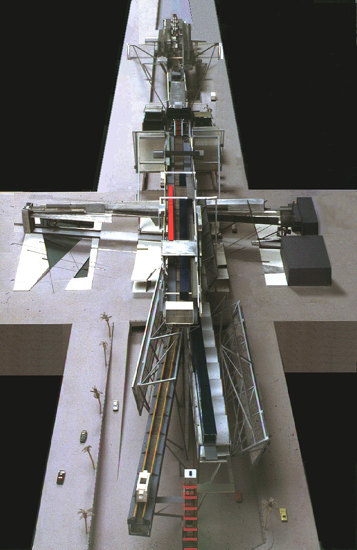 Steel Cloud model — overhead view of the cruciform structure spanning the freeway