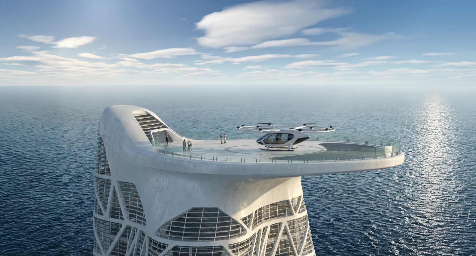 Aerial rooftop view of Strata Tower with drone landing pad overlooking the ocean