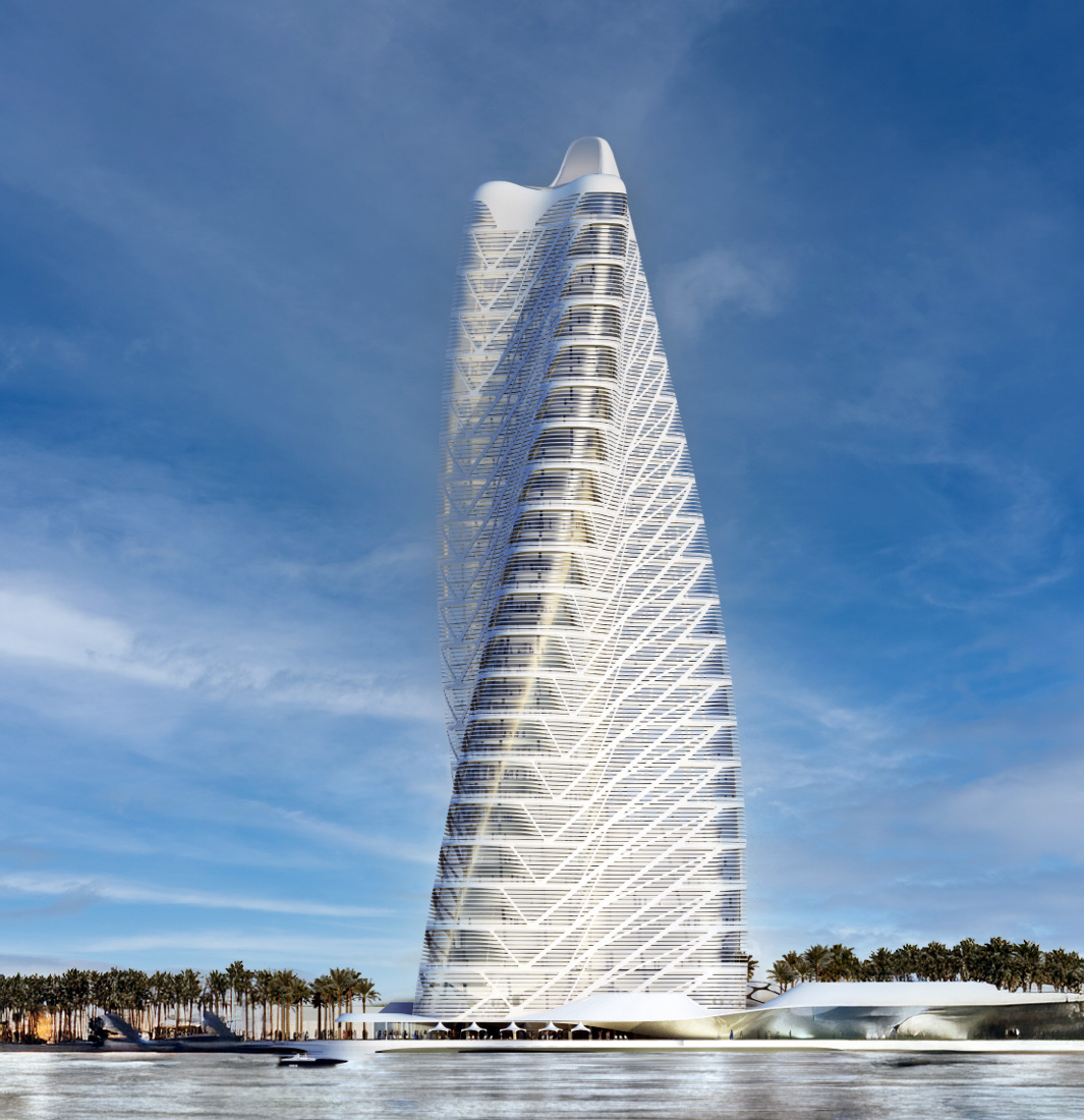 Strata Tower exterior view from the waterfront showing the twisted layered facade