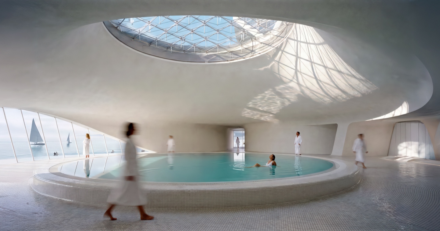Indoor pool with sculptural domed skylight and white organic architecture