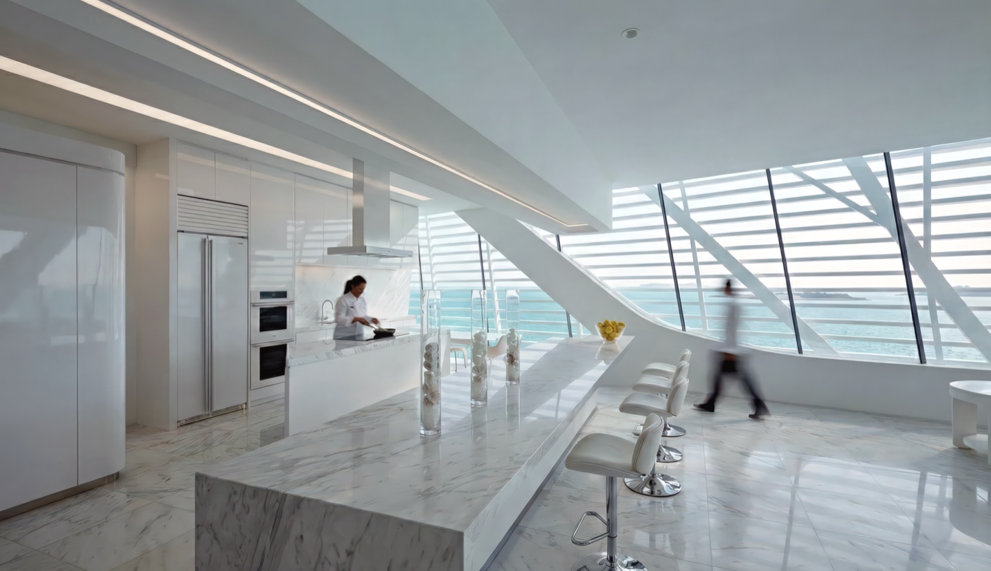 Luxury marble kitchen interior with ocean views through horizontal louver facade