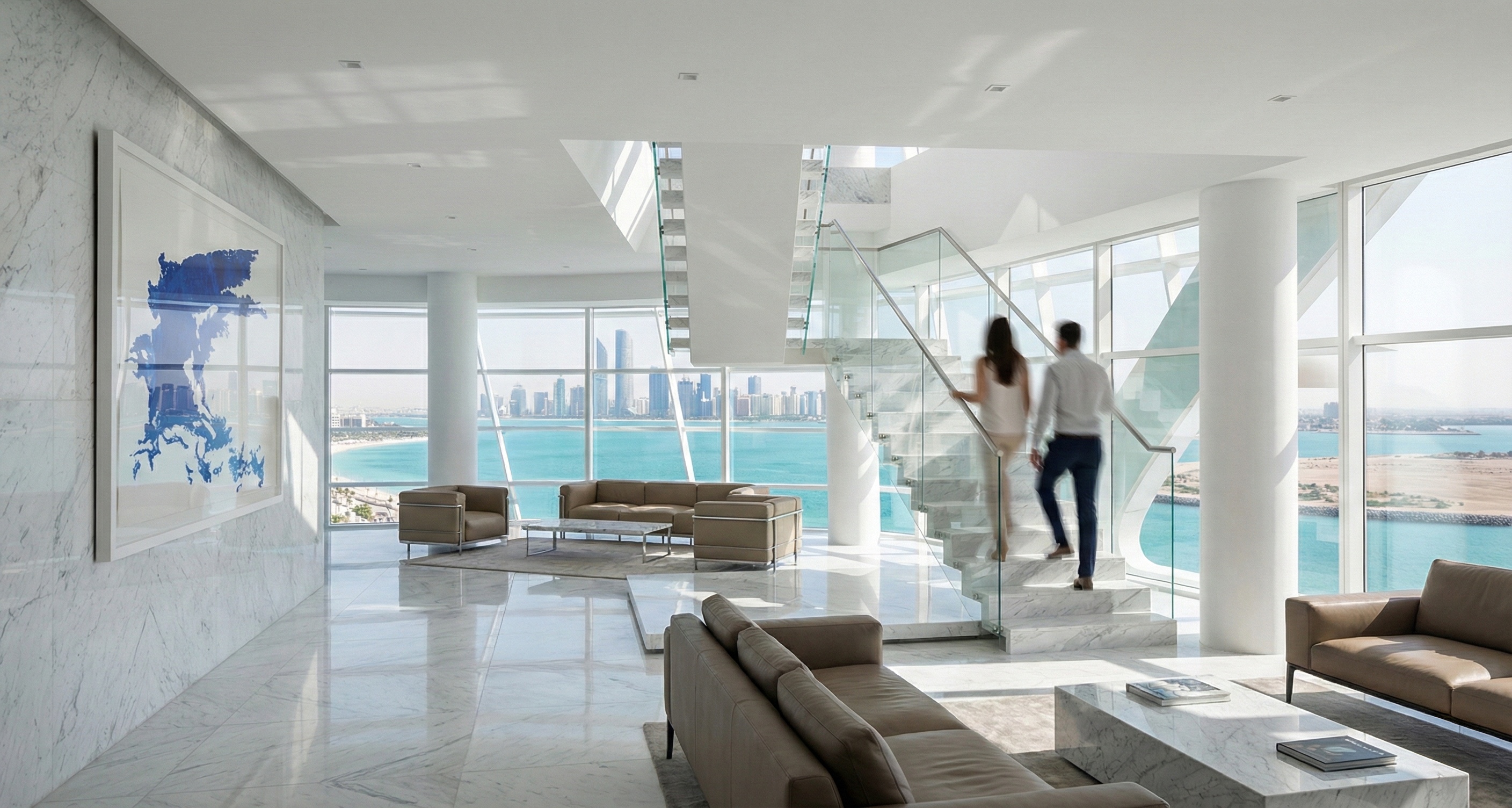 Double-height living room with panoramic ocean and city skyline views