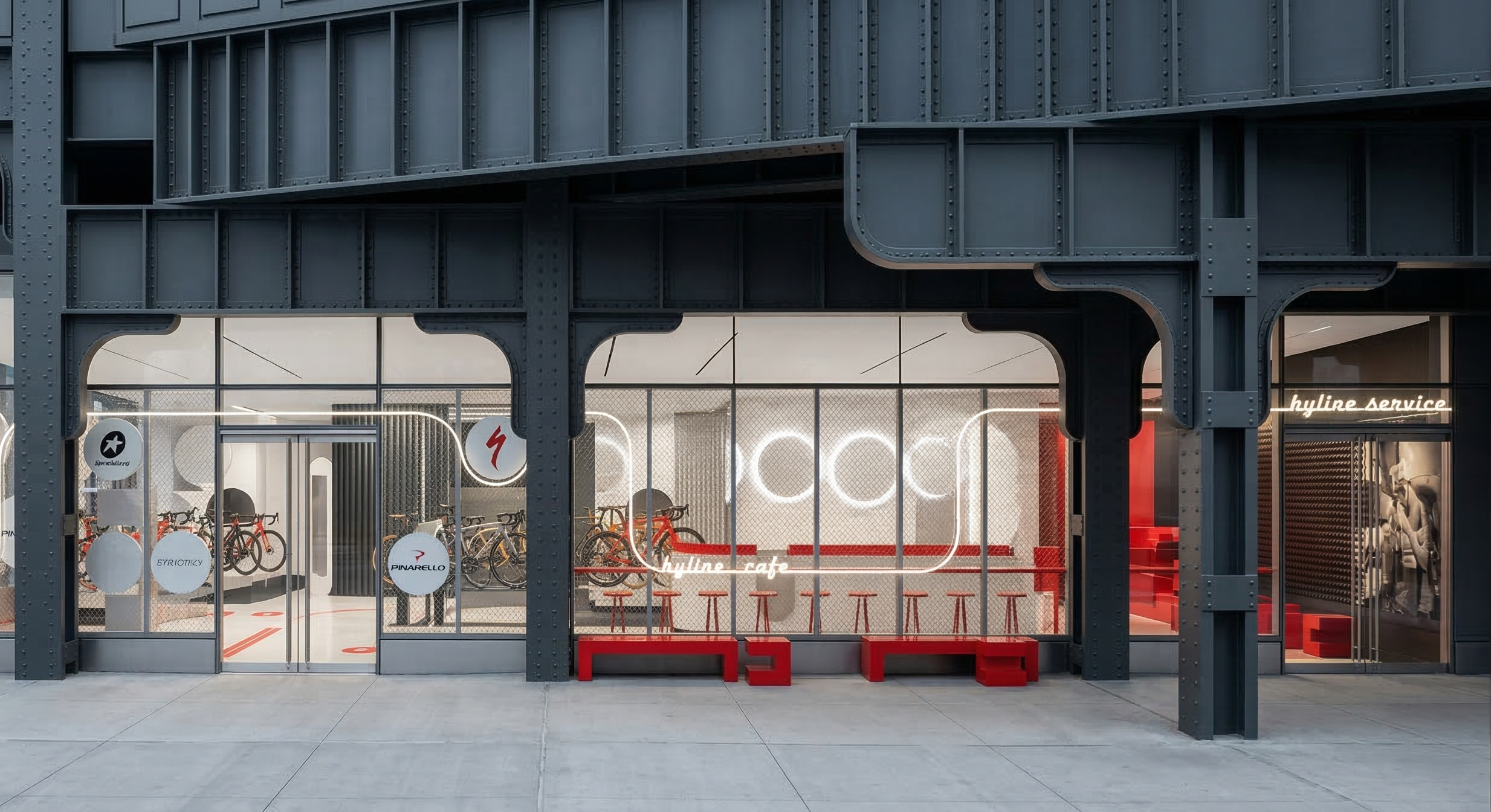 Stricklys Cycling Emporium exterior facade at Hudson Yards, New York