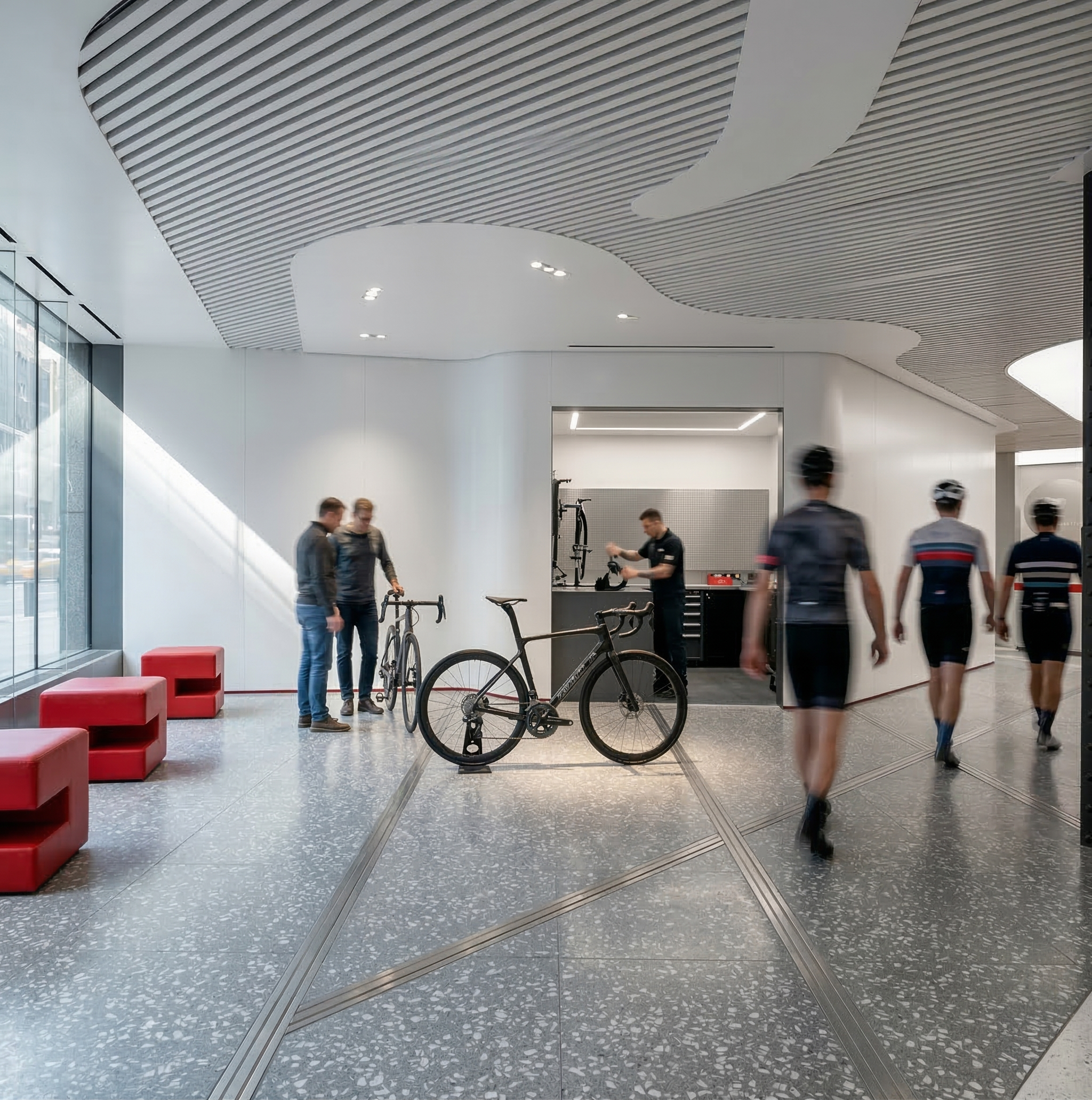 Entrance area with bike service workshop and cyclists