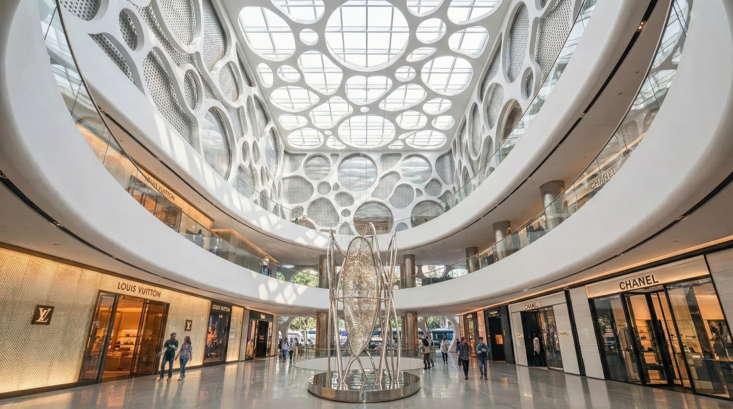 Ground-floor atrium with the cellular dome soaring overhead, a monumental wire-frame sculptural installation at center, Louis Vuitton and Chanel storefronts flanking the space, and natural light filtering through the irregular dome openings