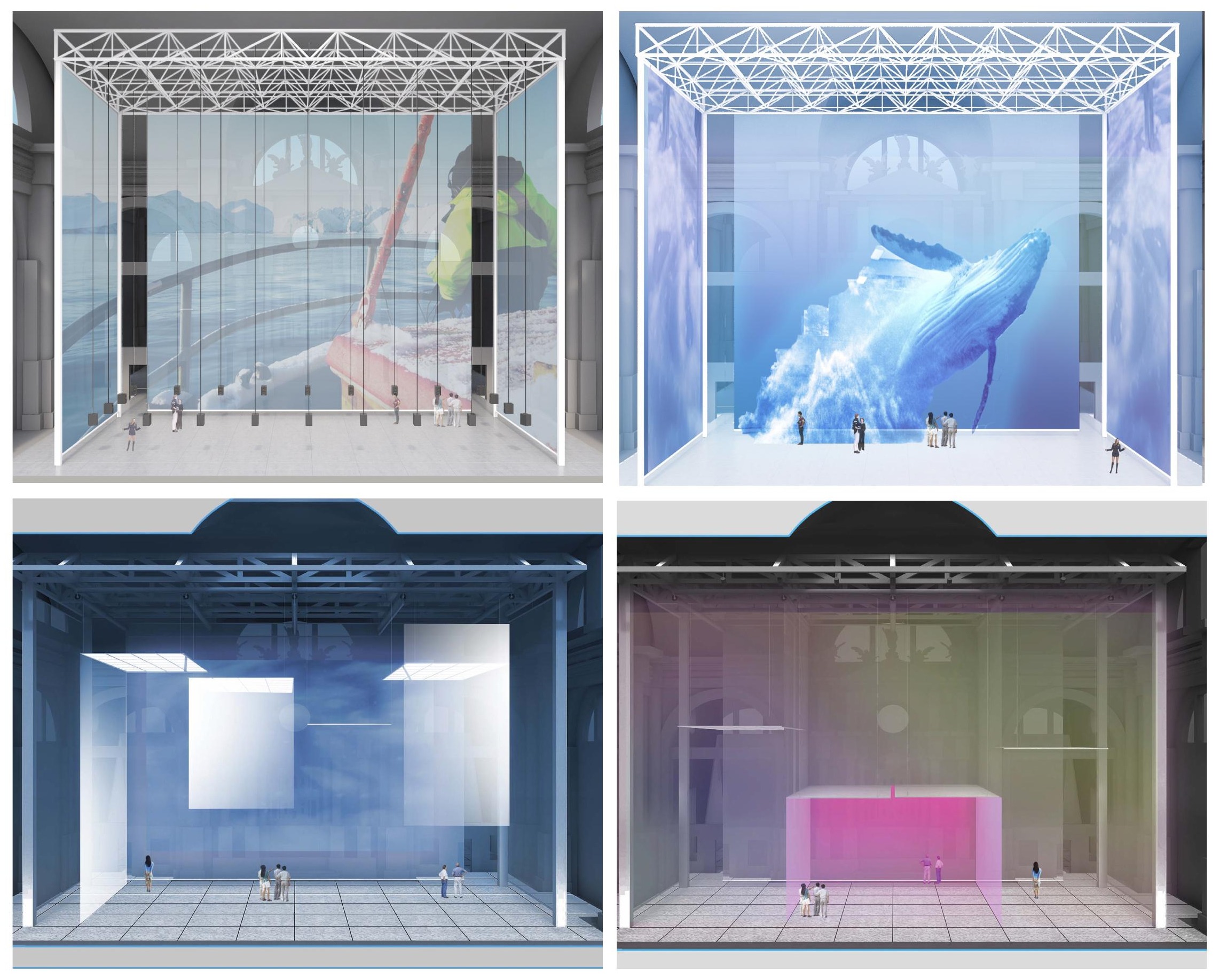 Four exhibition scenarios showing the main gallery space configured for different programming — projected ocean imagery, immersive media, white-cube display, and colored volumetric installation