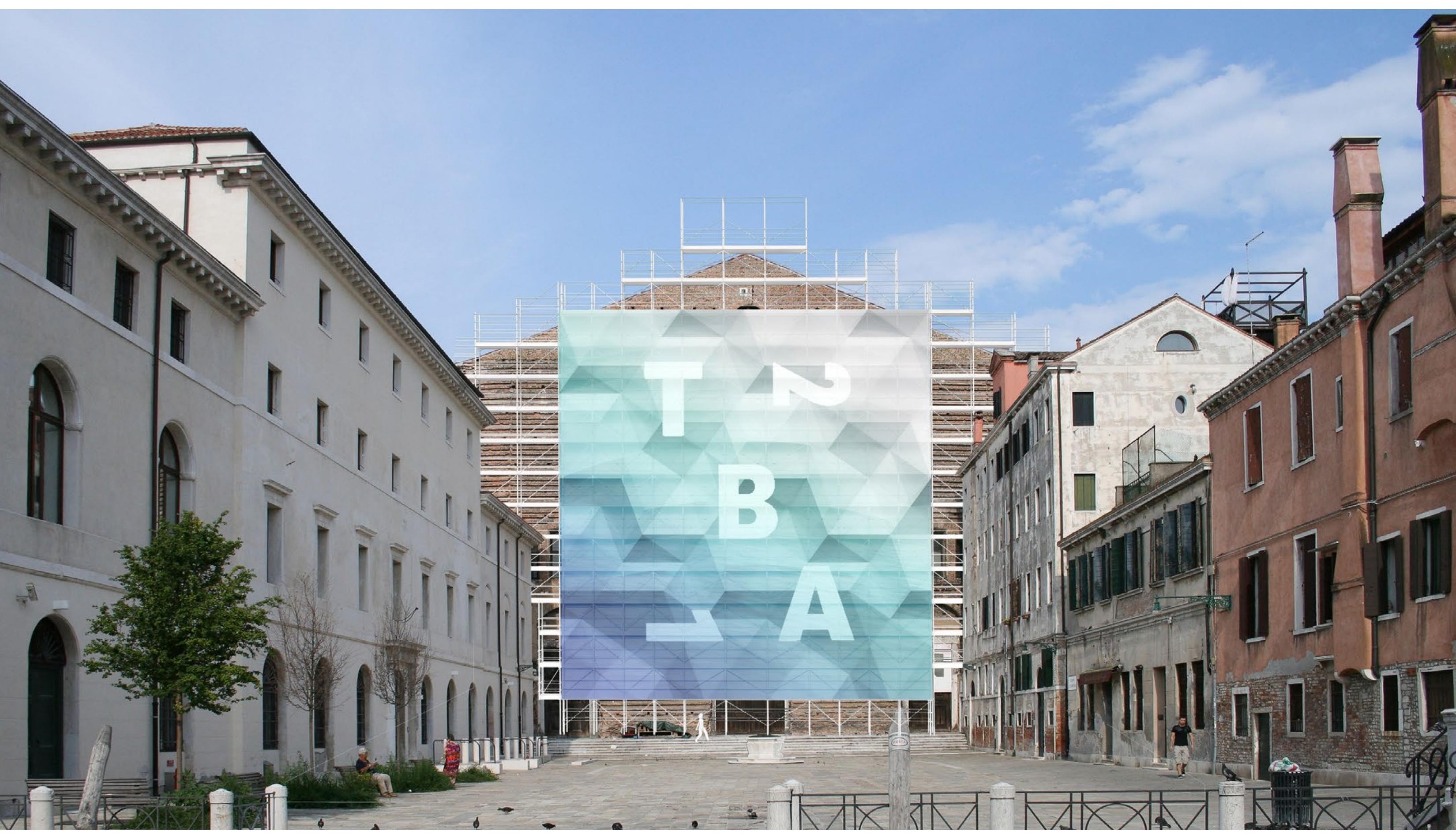 Rendering of the Chiesa di San Lorenzo facade with faceted TBA21-branded screen installation over scaffolding