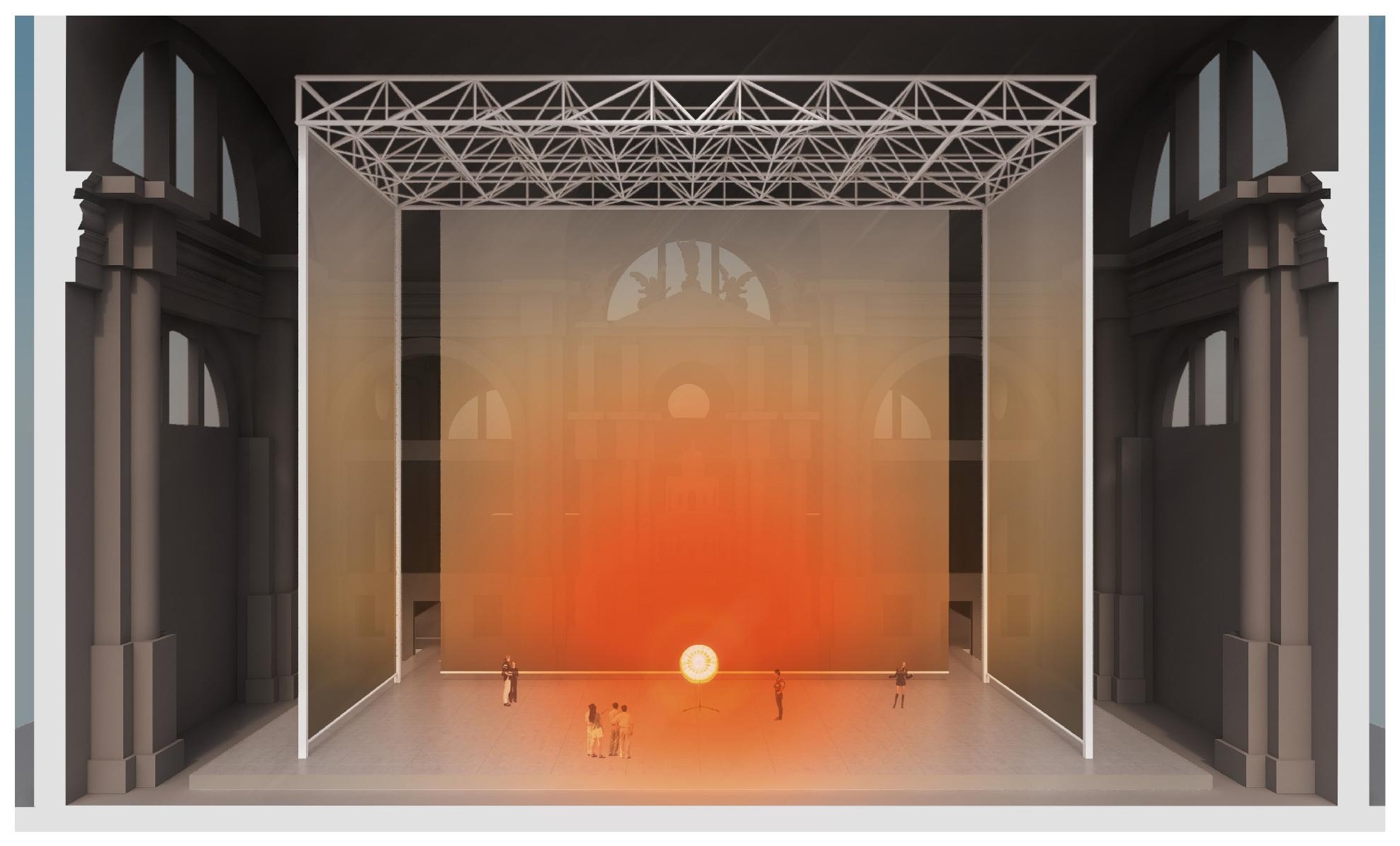Interior rendering of the main gallery bathed in amber light with a glowing sphere at center, steel truss above, and figures on the open floor