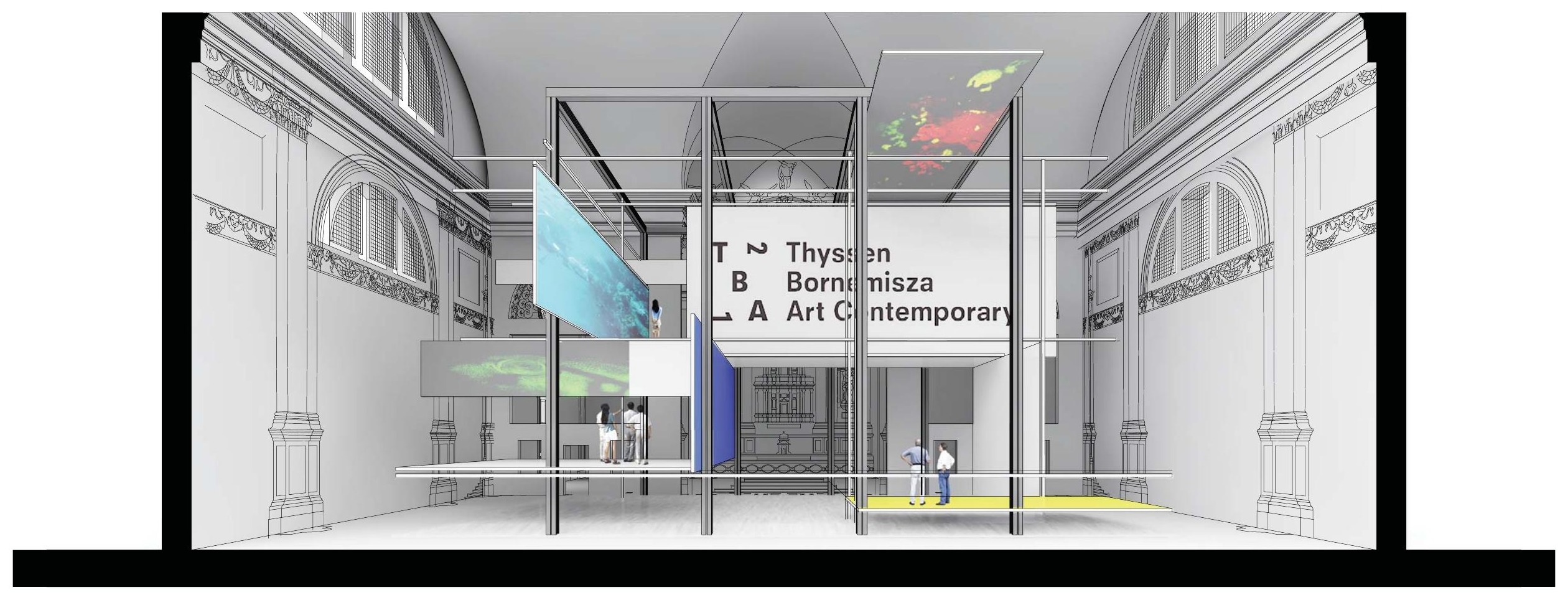Interior perspective looking through the nave showing the steel truss framework, suspended screens with TBA21 branding and projected media, and the historic church architecture beyond
