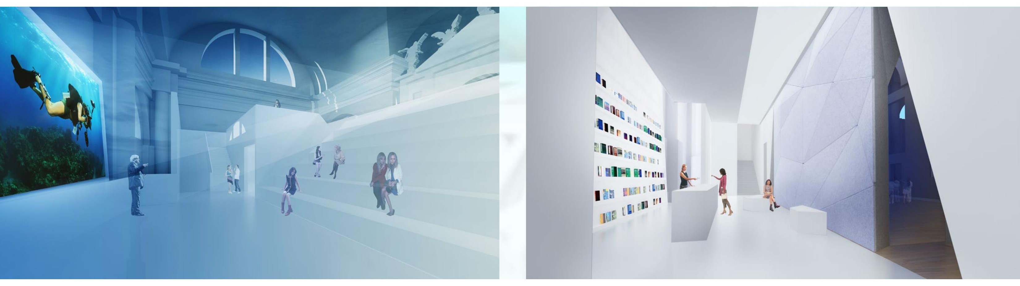 Two interior views — the main exhibition space with underwater media projection and visitors, and the research library with bookshelves and faceted ceiling geometry