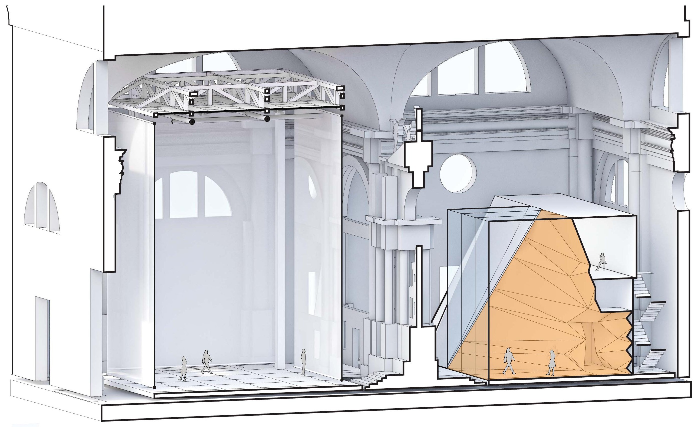 Longitudinal section through the church showing the main exhibition hall on the left and the faceted amber research lounge on the right, divided by Girolamo Campagna's central altar