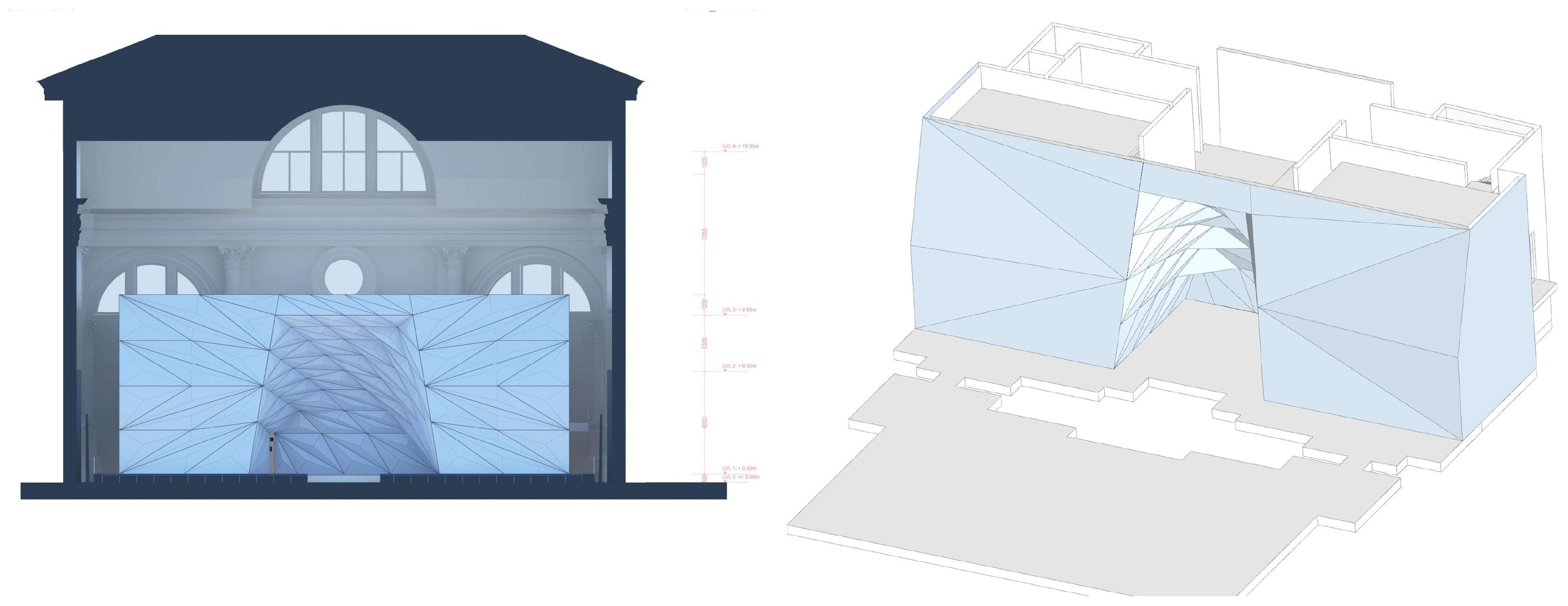Cross-section through the church showing the crystalline blue interior intervention, and axonometric view of the spatial insertion within the plan